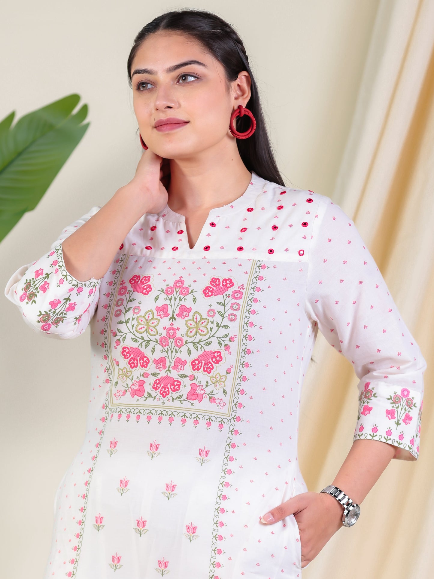 Embroidered Soft Cotton Floral Straight Off White Kurta