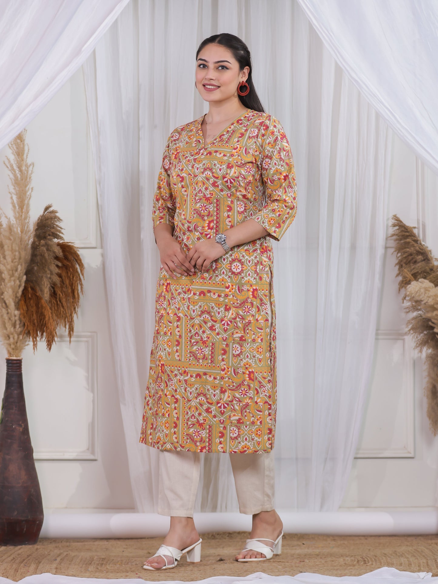 Soft Cotton Patchwork A-line Green Kurta
