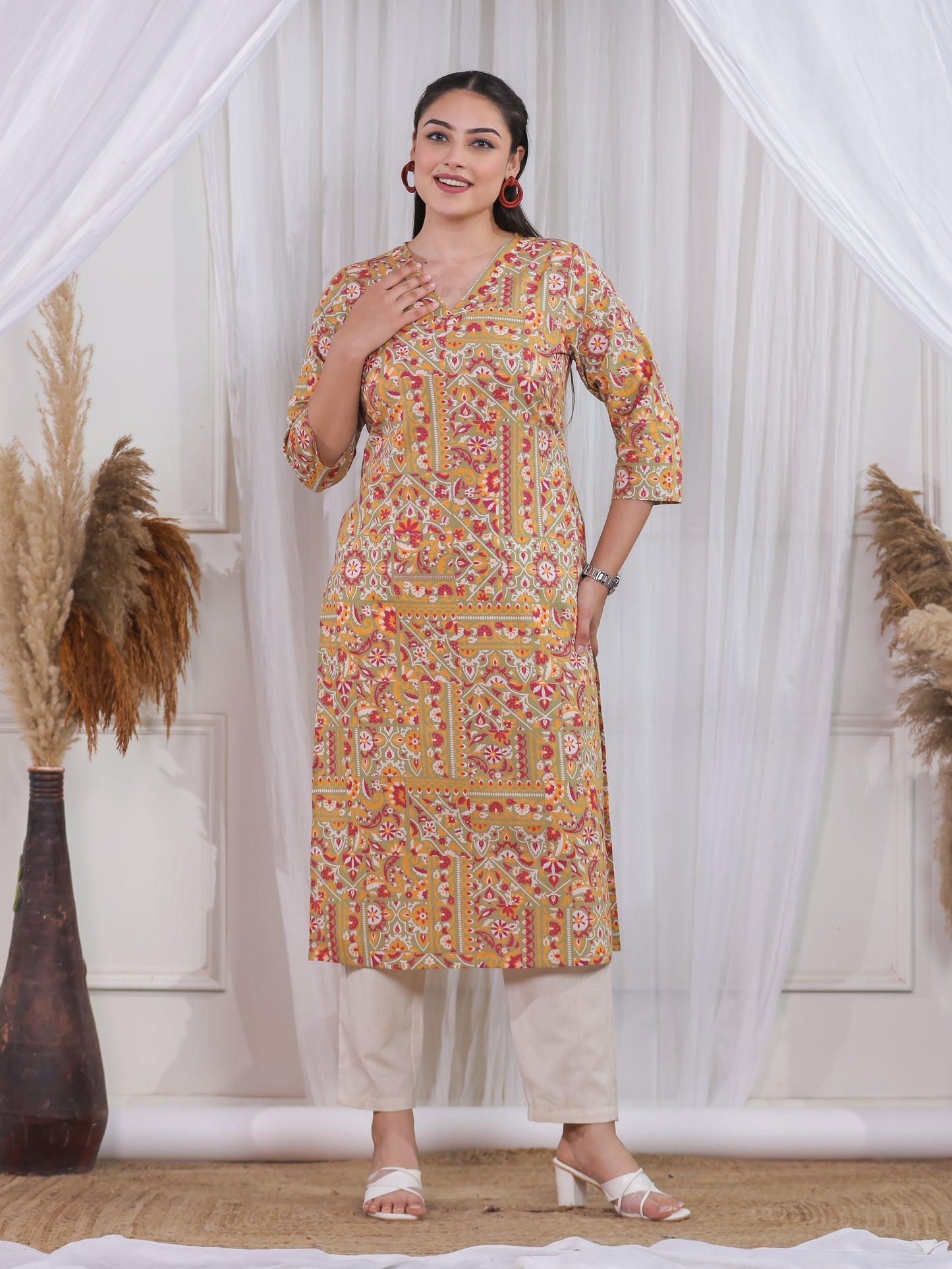 Soft Cotton Patchwork A-line Green Kurta