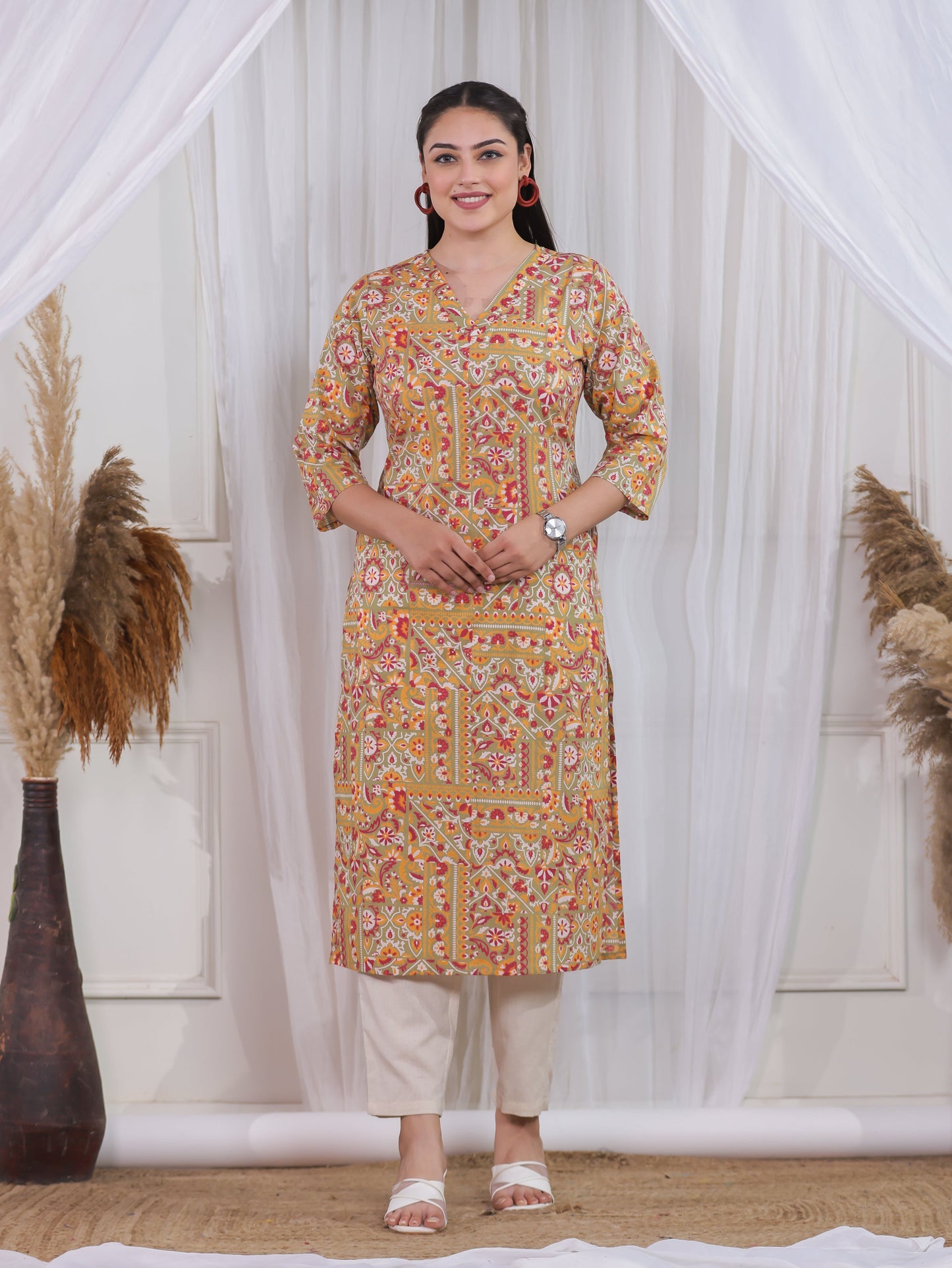 Soft Cotton Patchwork A-line Green Kurta