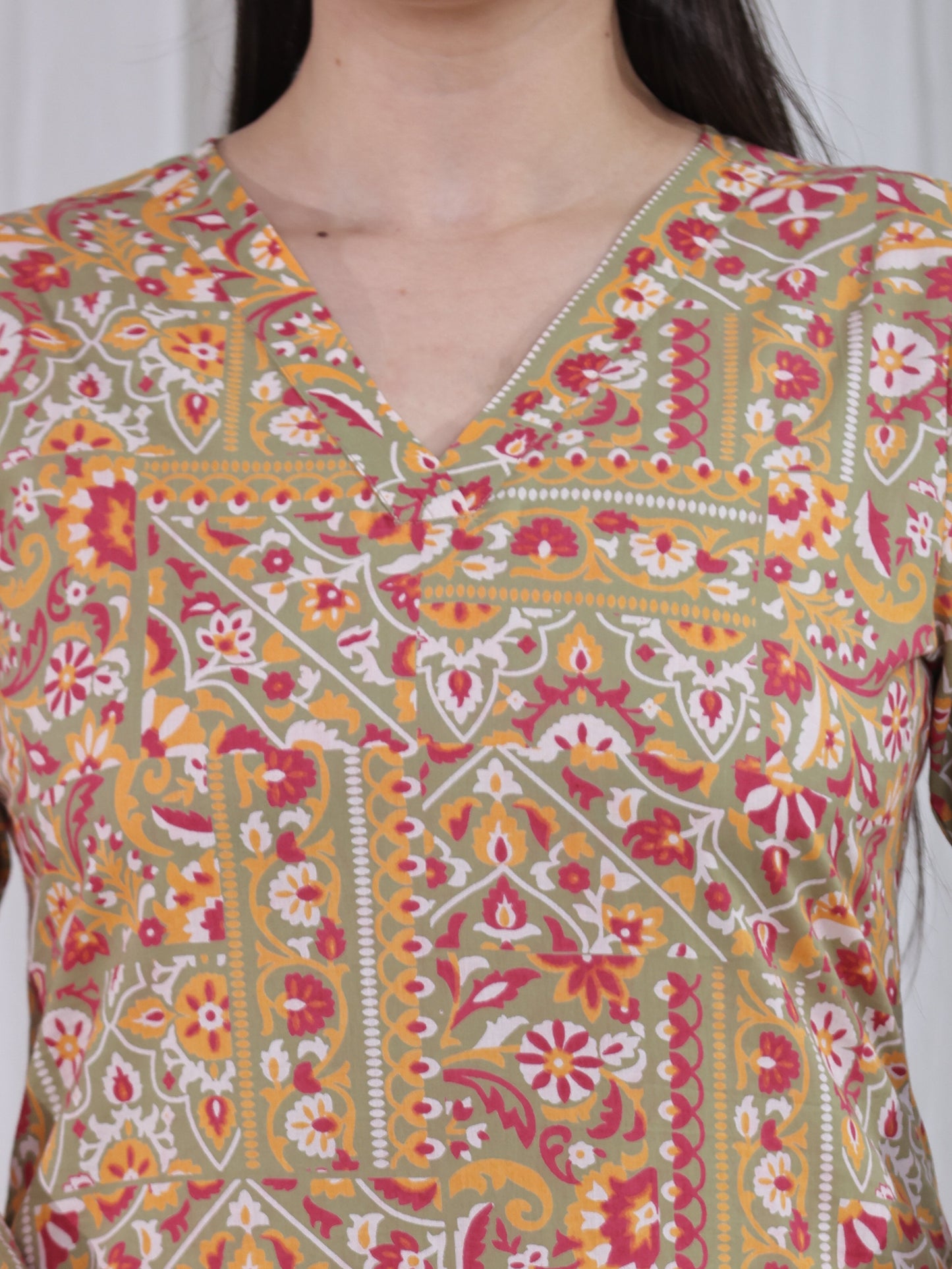 Soft Cotton Patchwork A-line Green Kurta