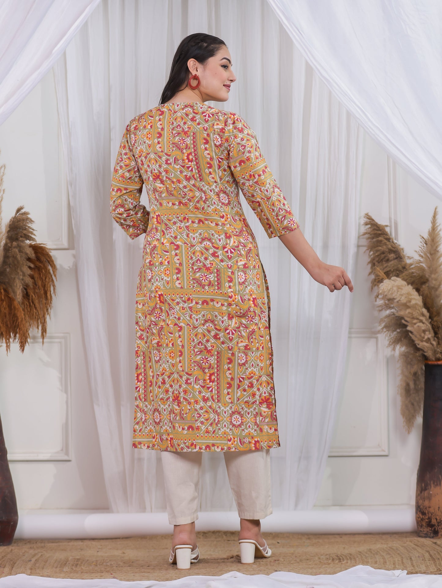 Soft Cotton Patchwork A-line Green Kurta