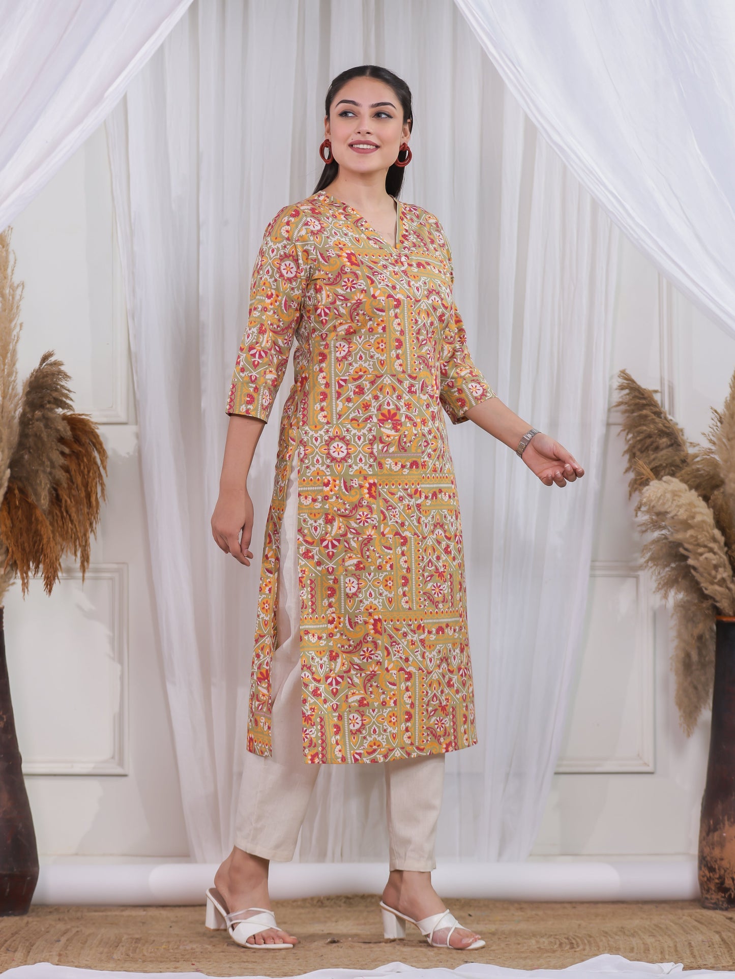 Soft Cotton Patchwork A-line Green Kurta