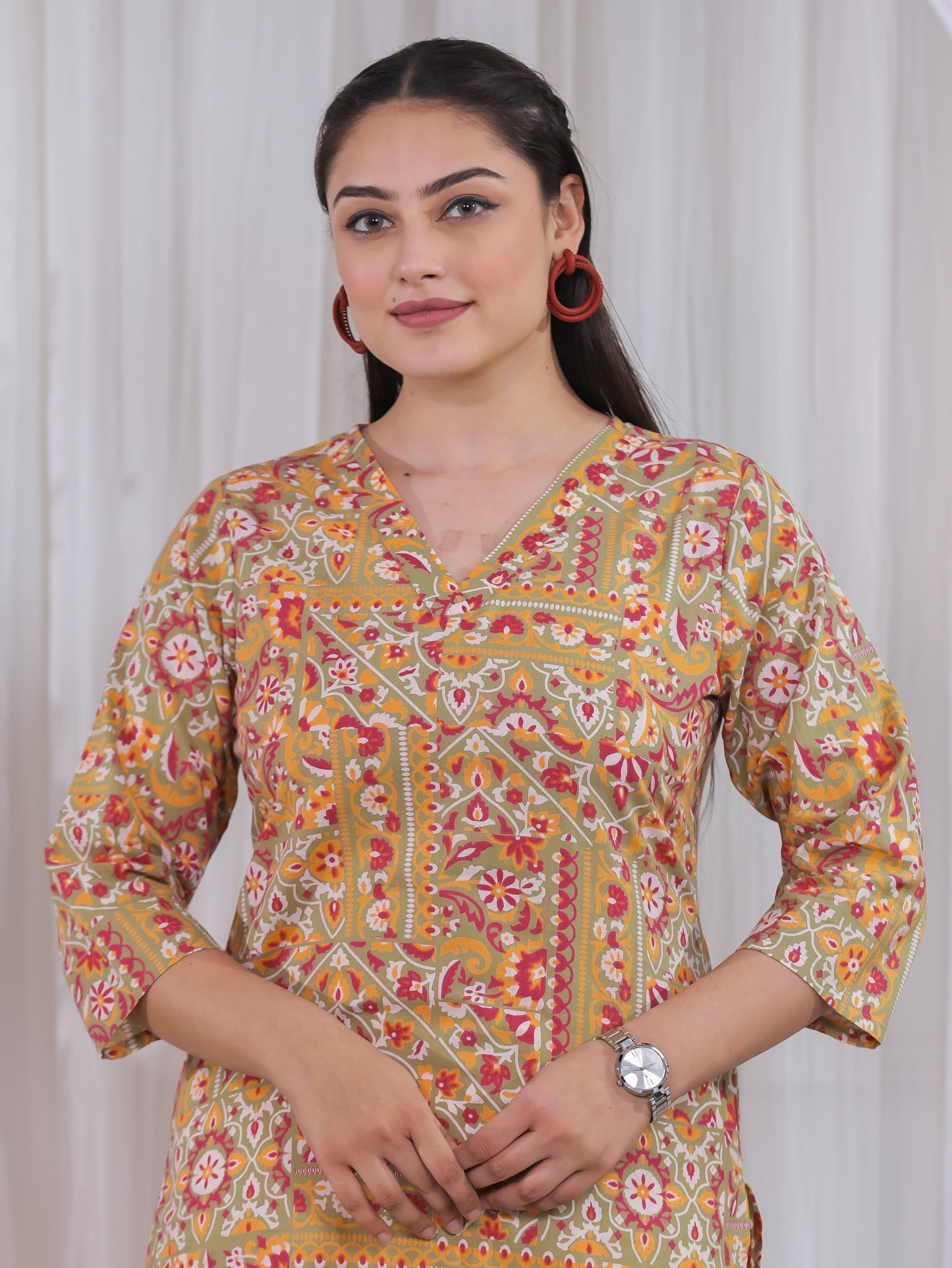 Soft Cotton Patchwork A-line Green Kurta