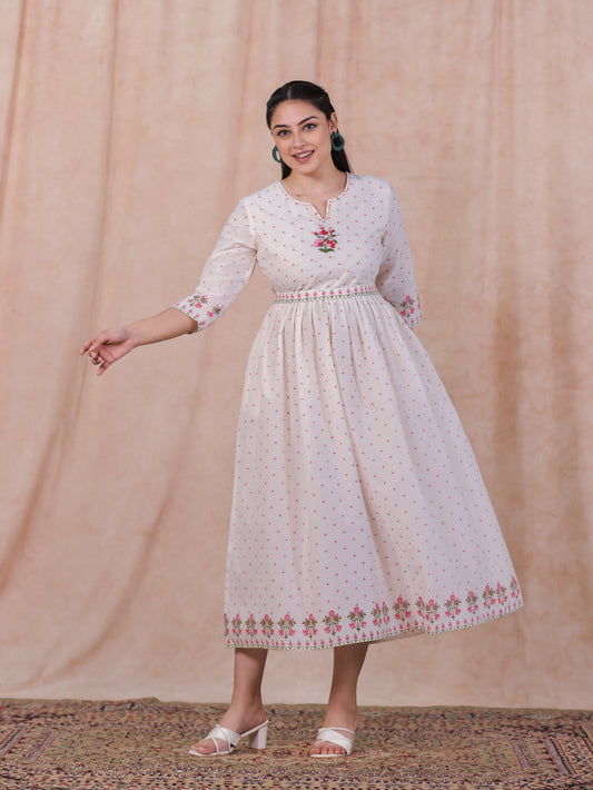 Embroidered Soft Cotton Floral Anarkali Off White Dress