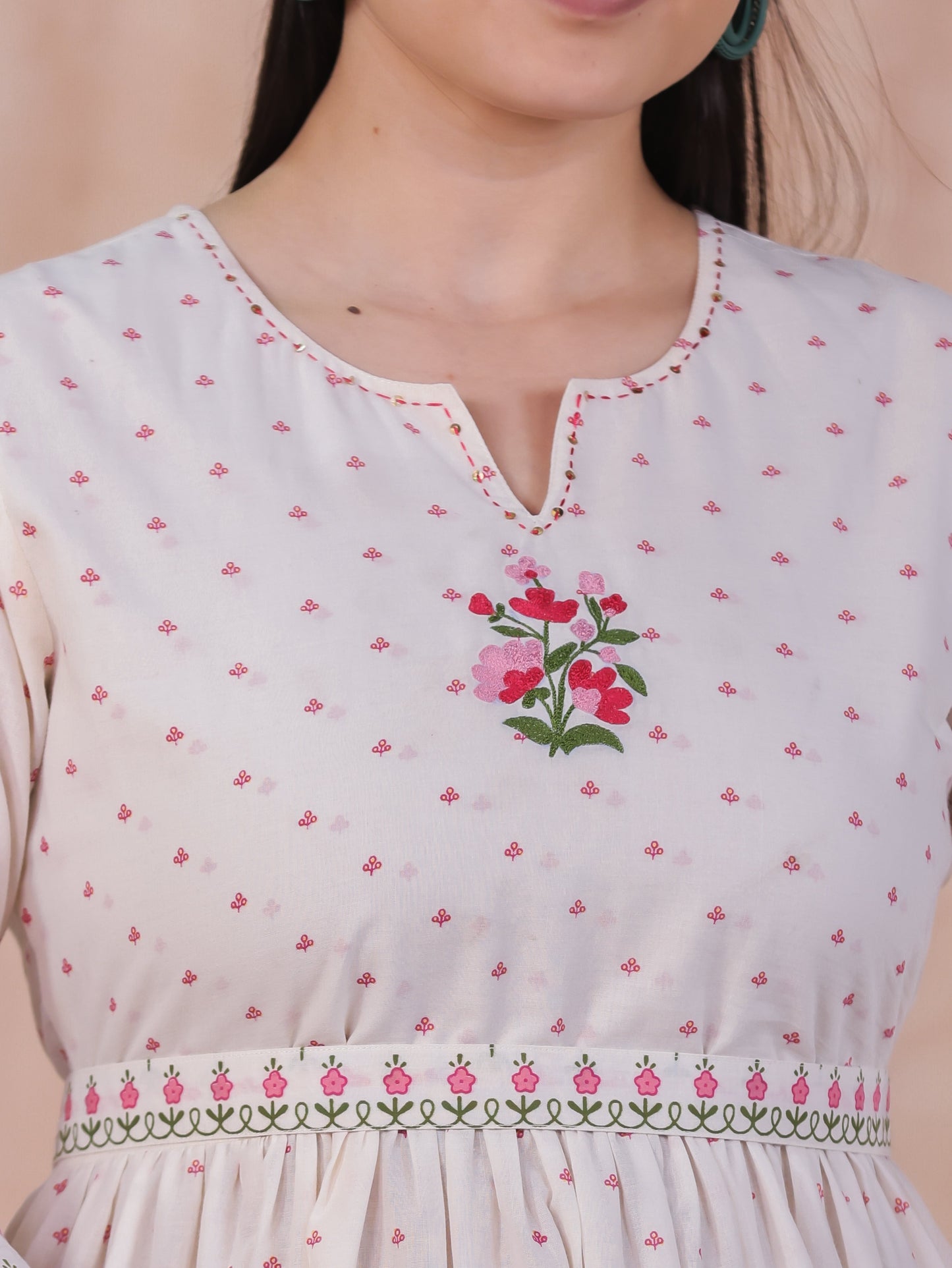 Embroidered Soft Cotton Floral Anarkali Off White Dress