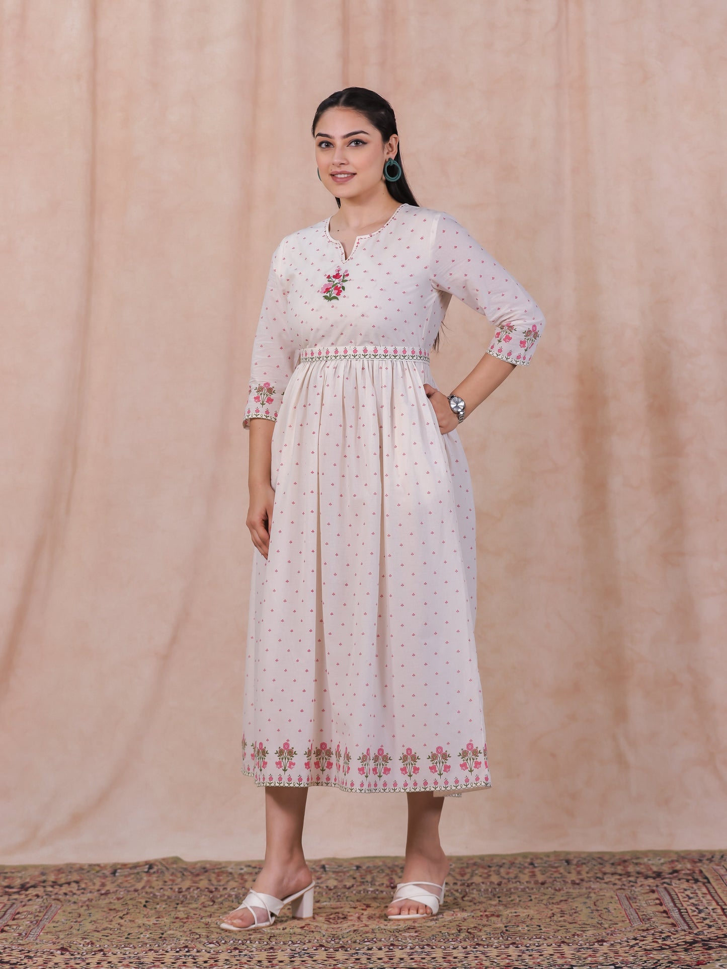 Embroidered Soft Cotton Floral Anarkali Off White Dress