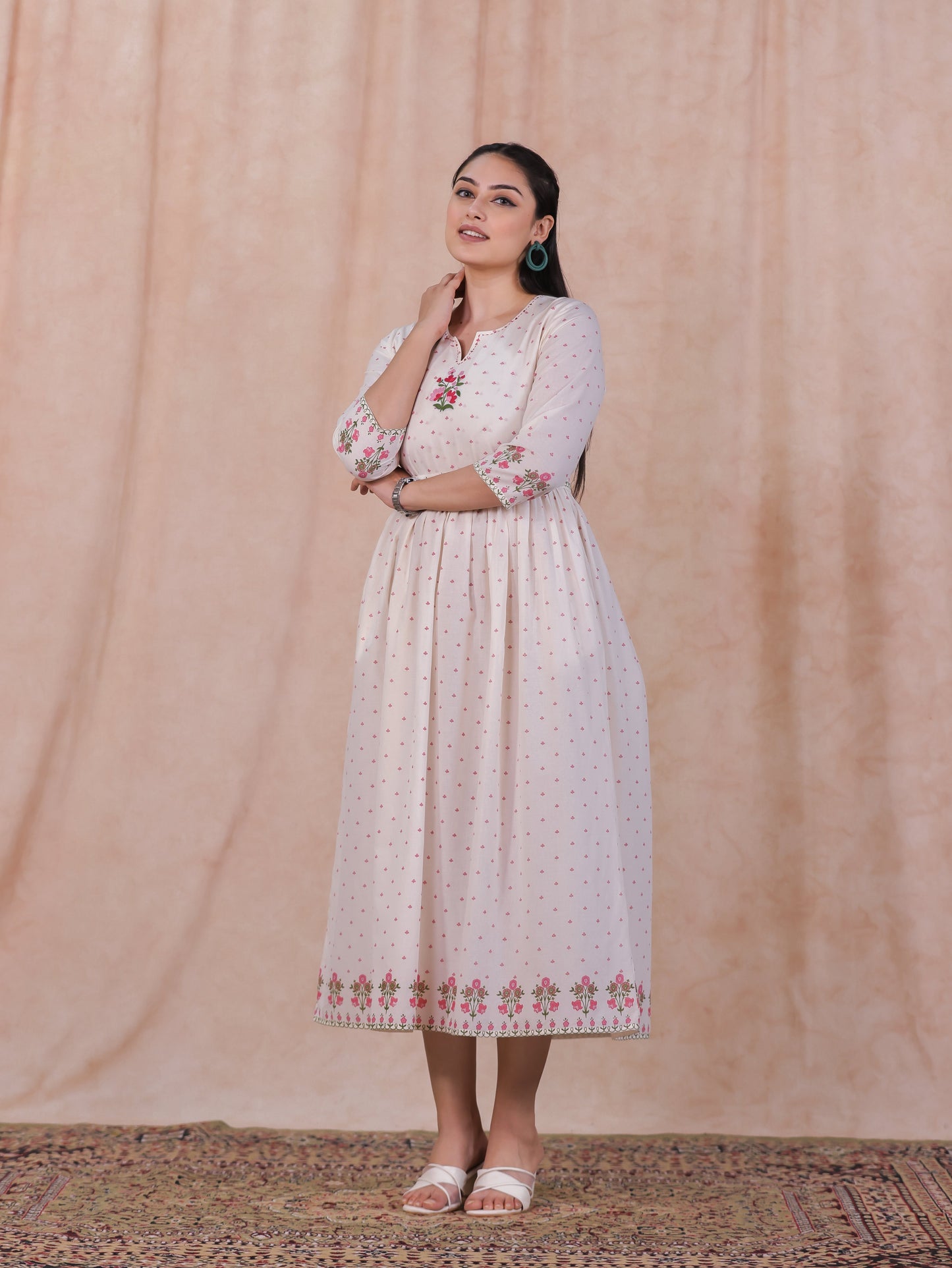 Embroidered Soft Cotton Floral Anarkali Off White Dress