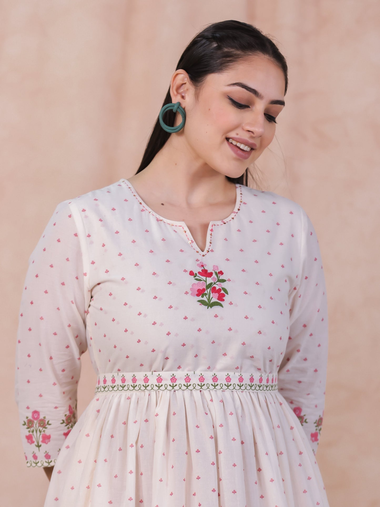 Embroidered Soft Cotton Floral Anarkali Off White Dress