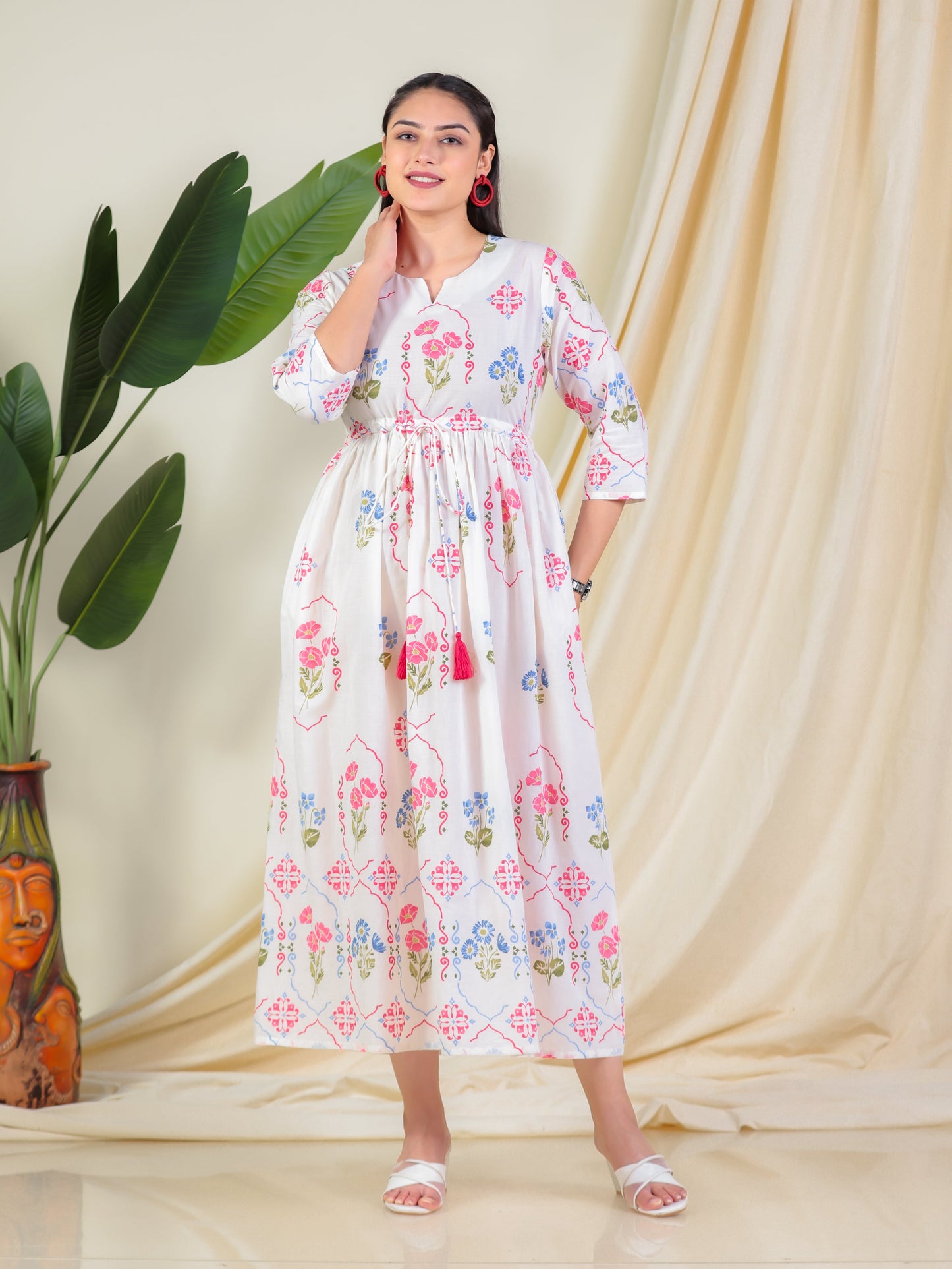 Soft Cotton Geometric Anarkali Off White Dress