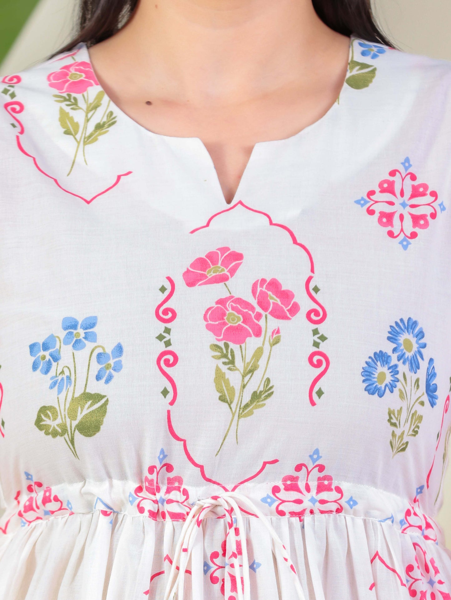 Soft Cotton Geometric Anarkali Off White Dress