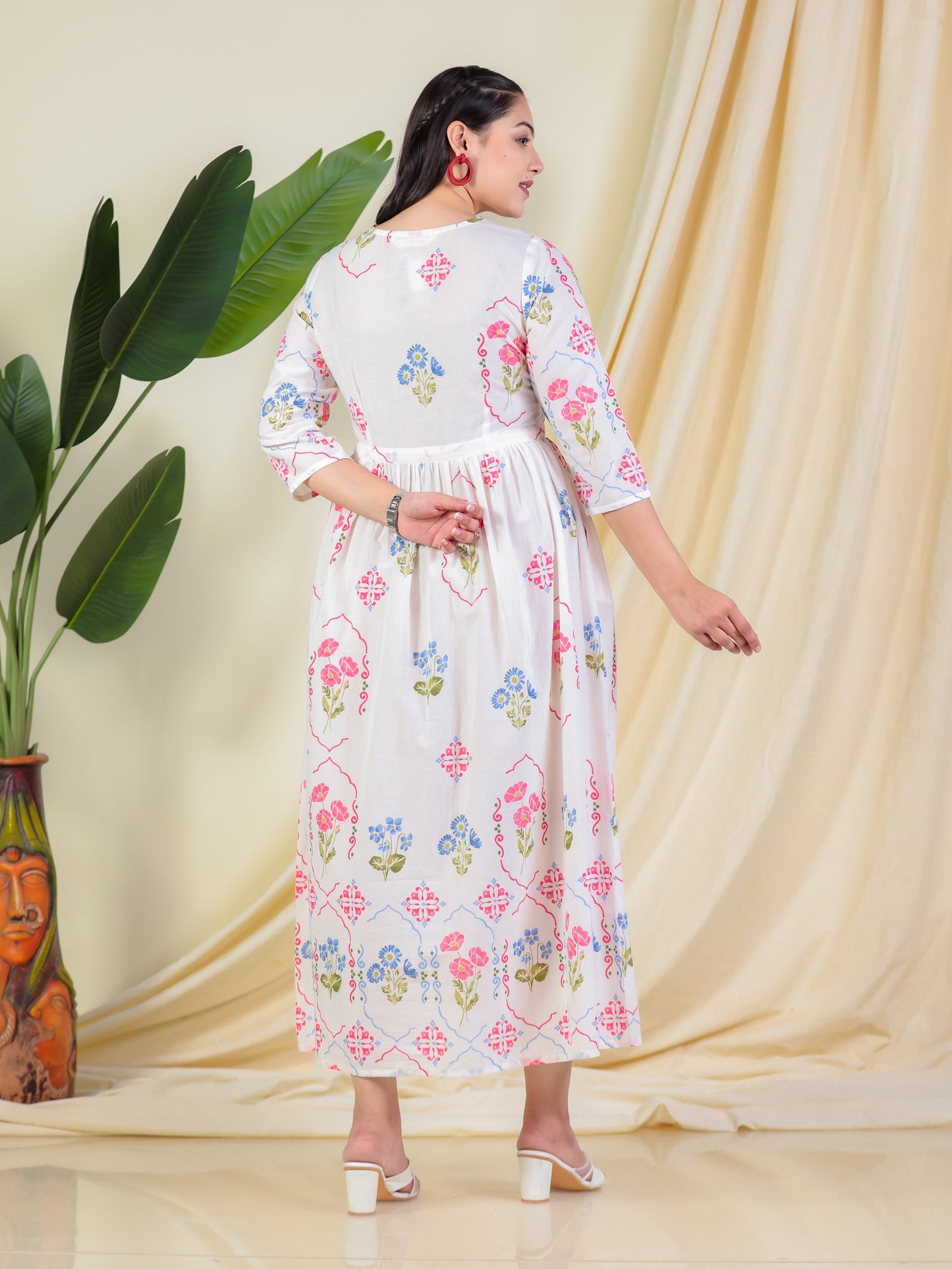 Soft Cotton Geometric Anarkali Off White Dress