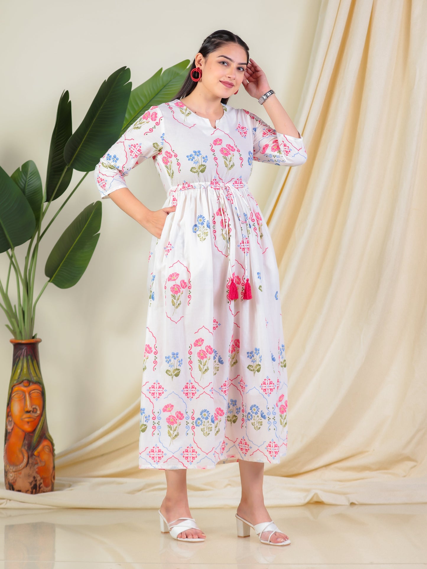 Soft Cotton Geometric Anarkali Off White Dress