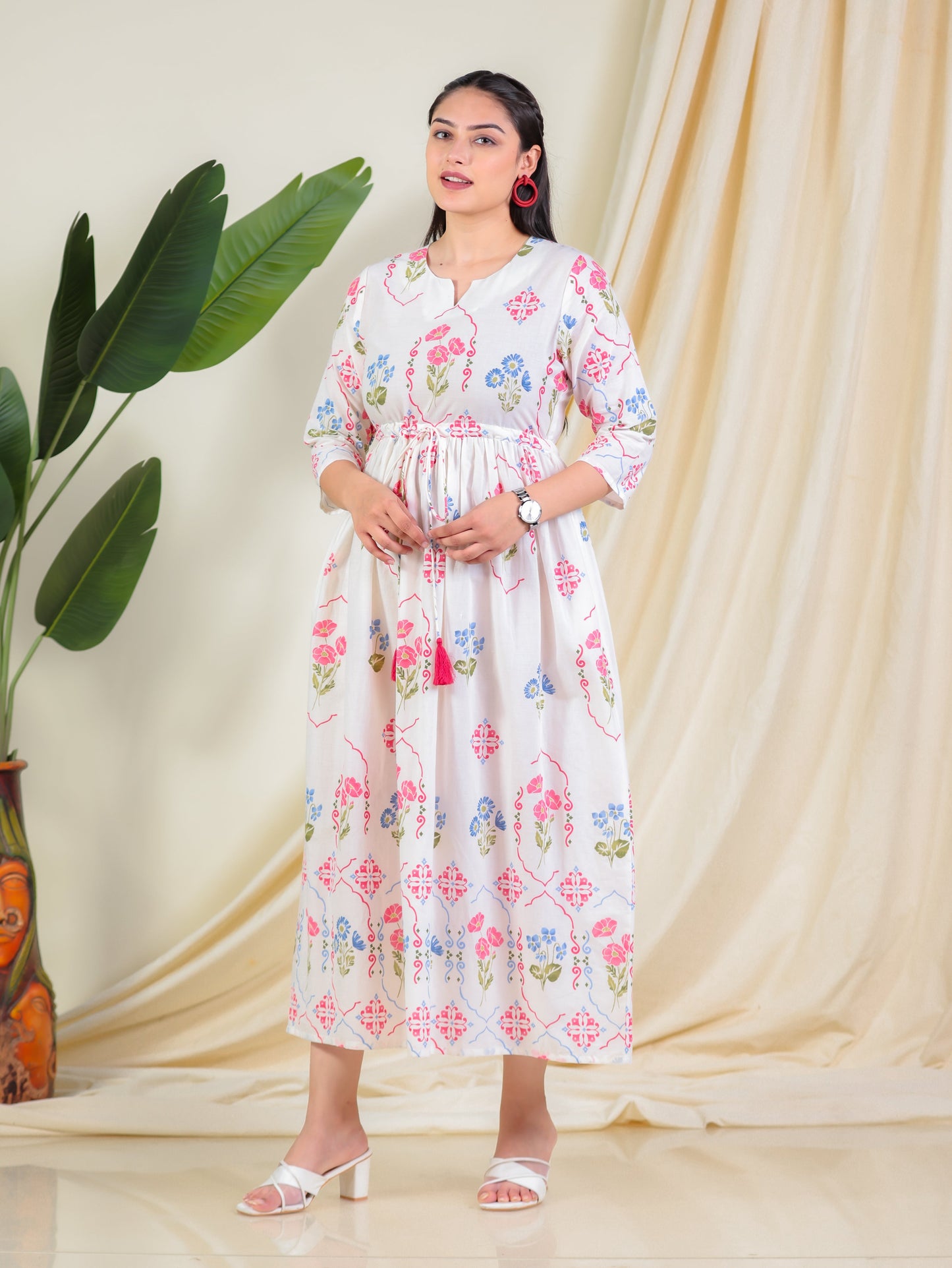 Soft Cotton Geometric Anarkali Off White Dress