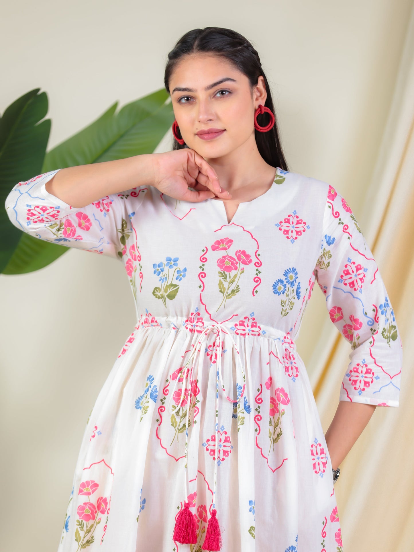 Soft Cotton Geometric Anarkali Off White Dress