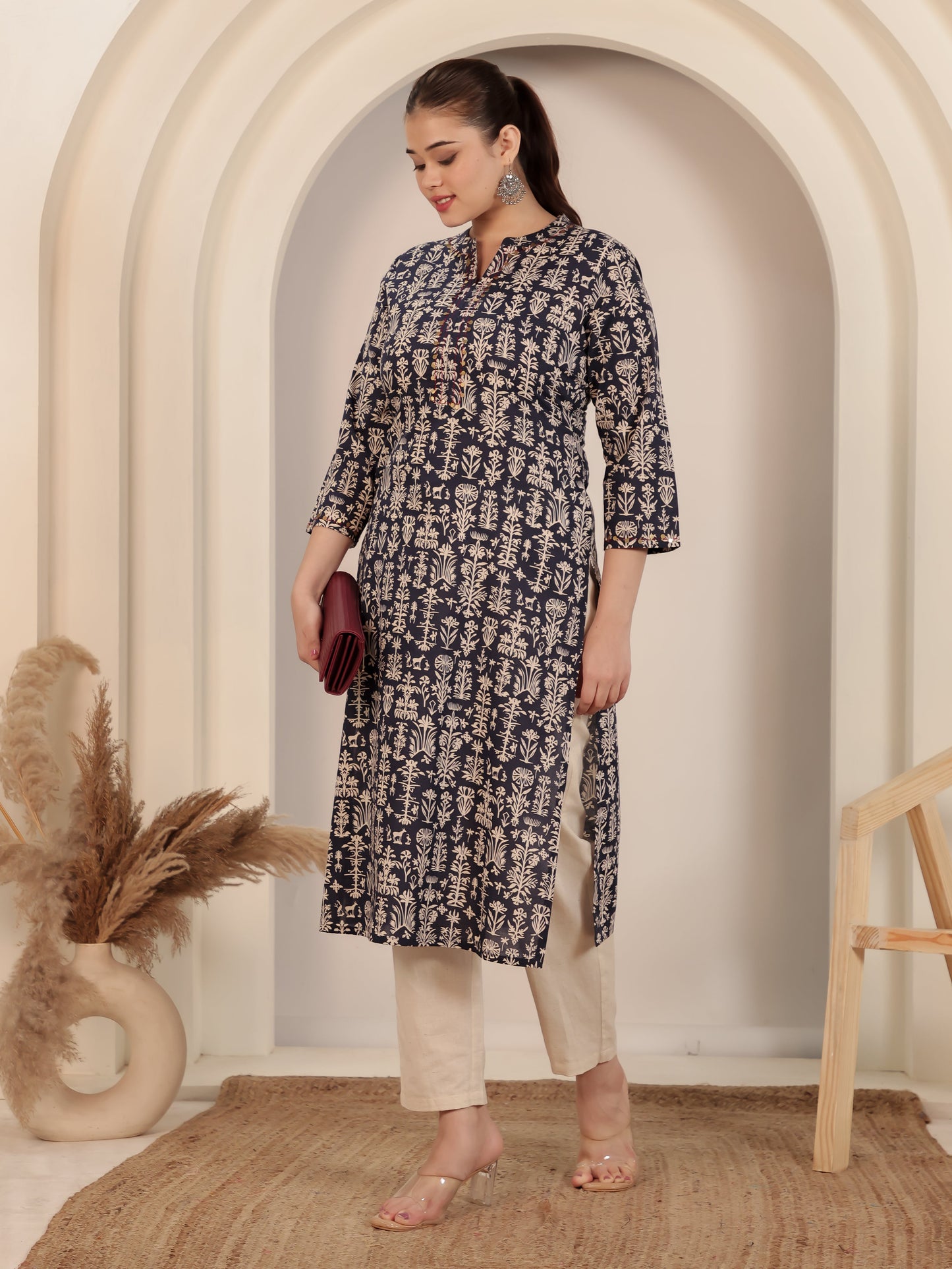 Embroidered Soft Cotton Butta Straight Blue Kurta