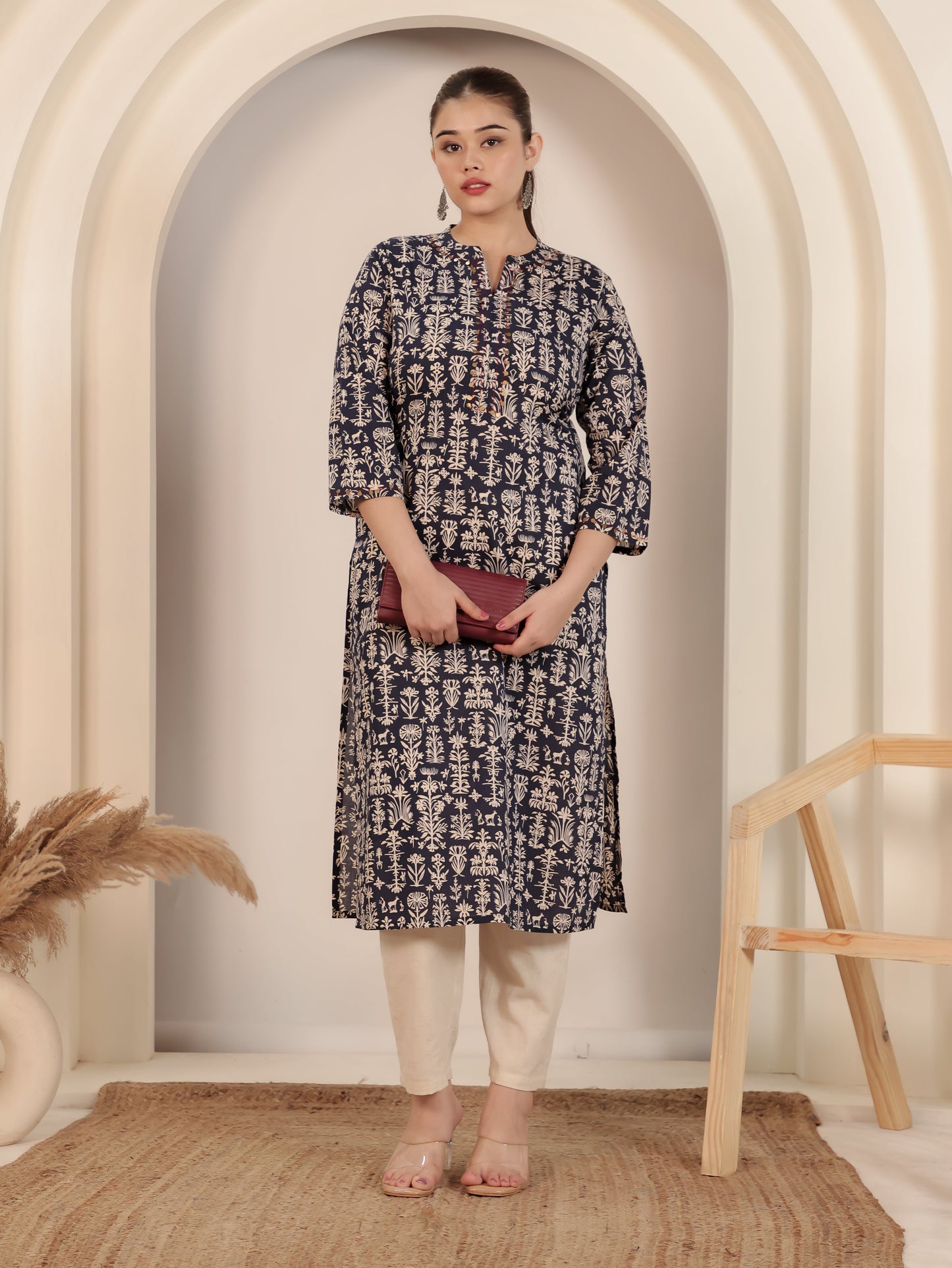 Embroidered Soft Cotton Butta Straight Blue Kurta