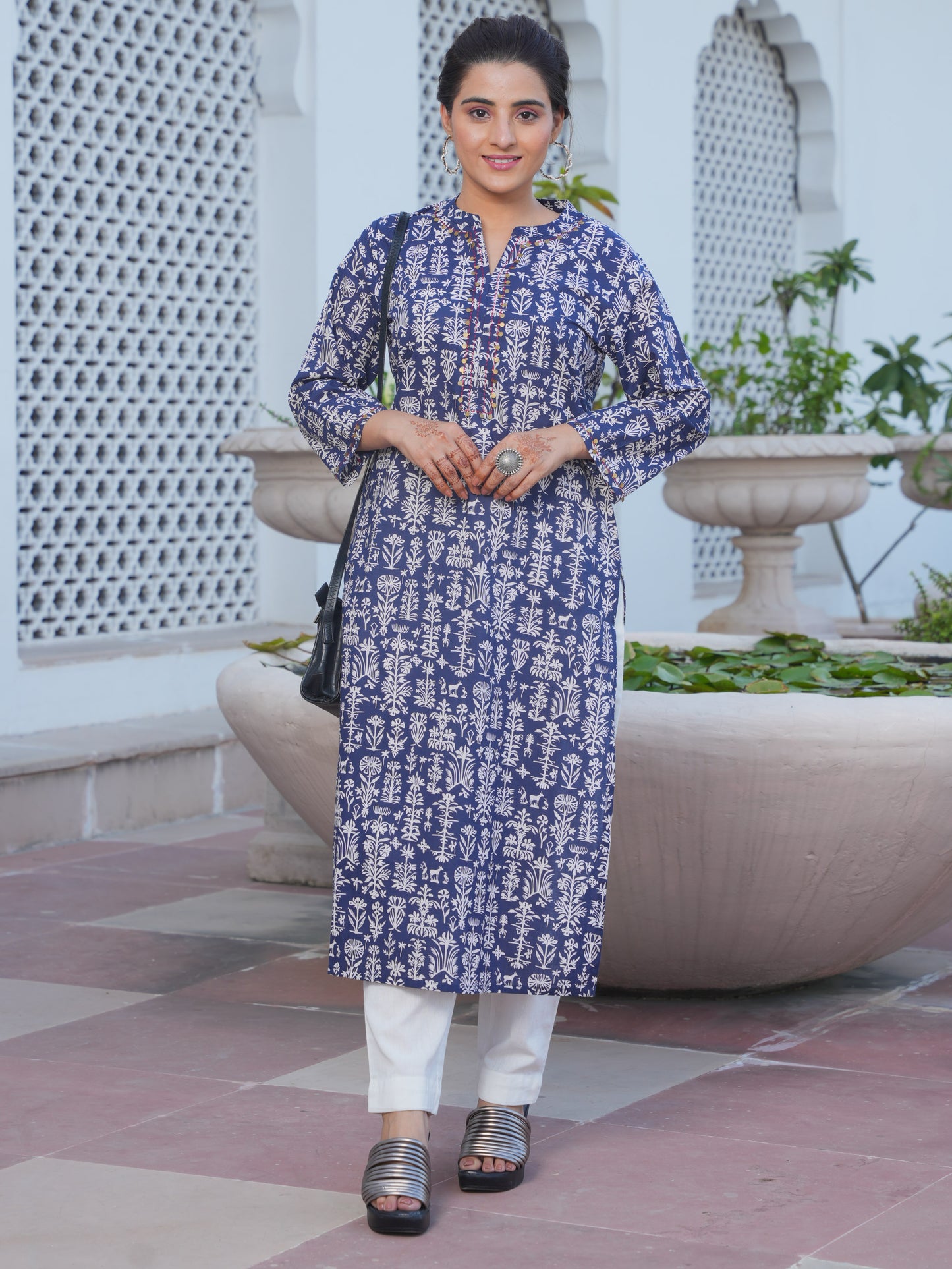Embroidered Soft Cotton Butta Straight Blue Kurta