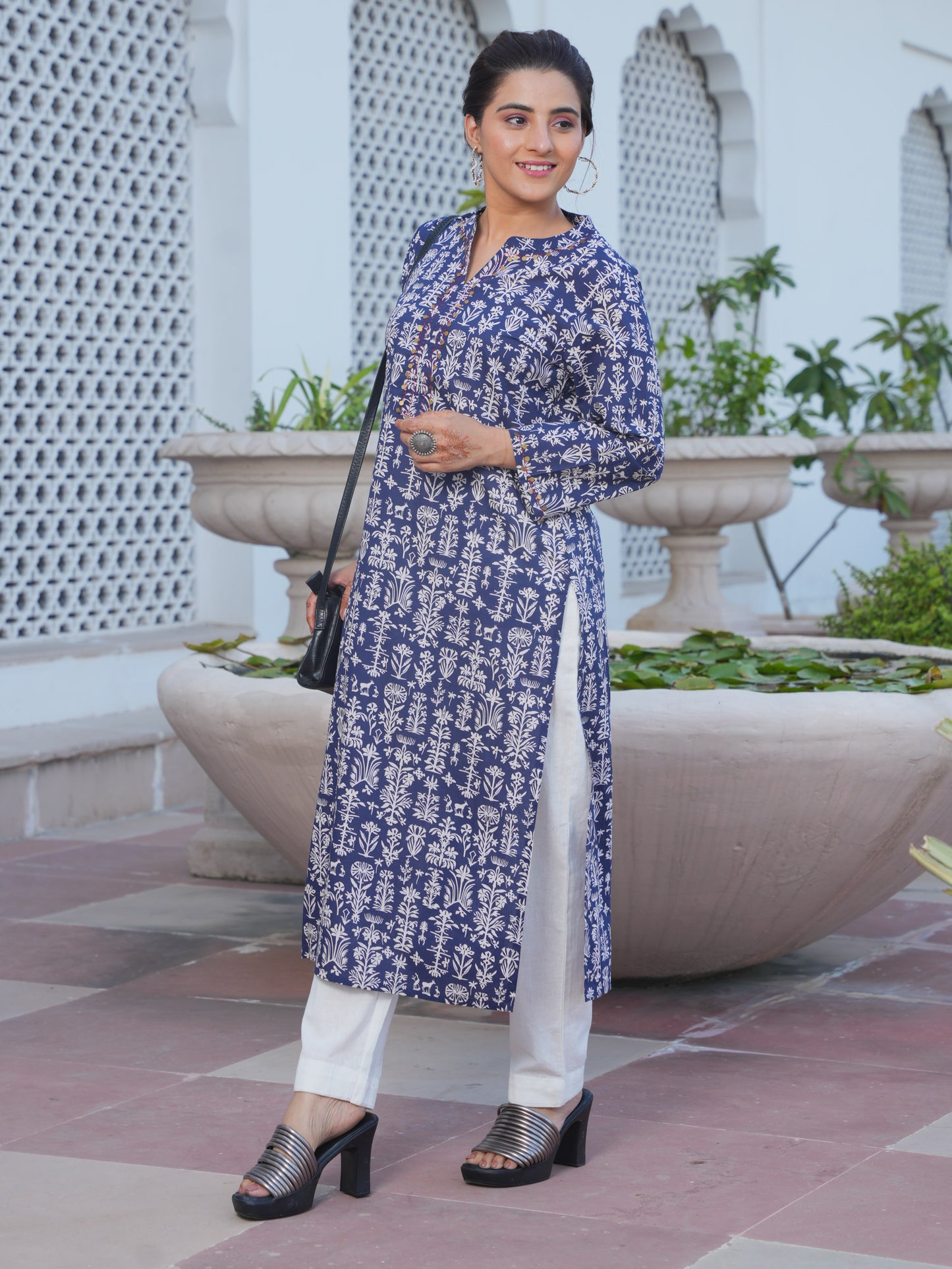 Embroidered Soft Cotton Butta Straight Blue Kurta