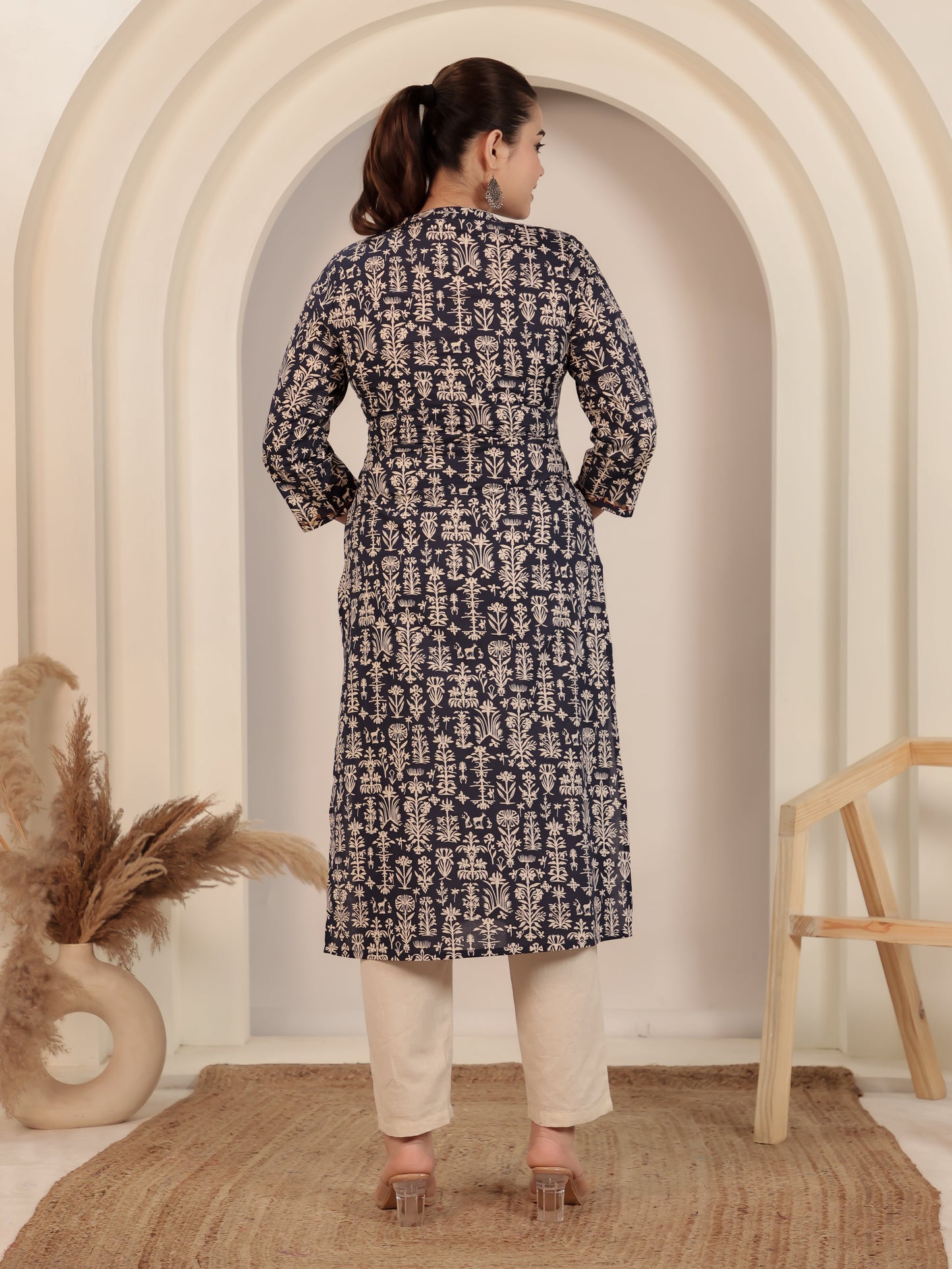 Embroidered Soft Cotton Butta Straight Blue Kurta