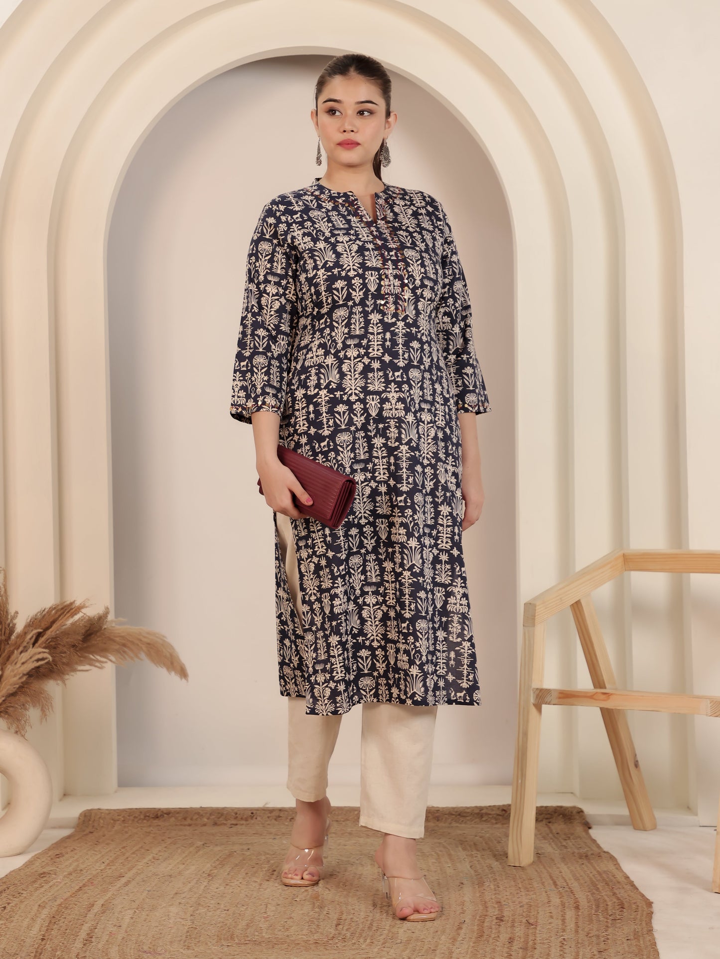 Embroidered Soft Cotton Butta Straight Blue Kurta