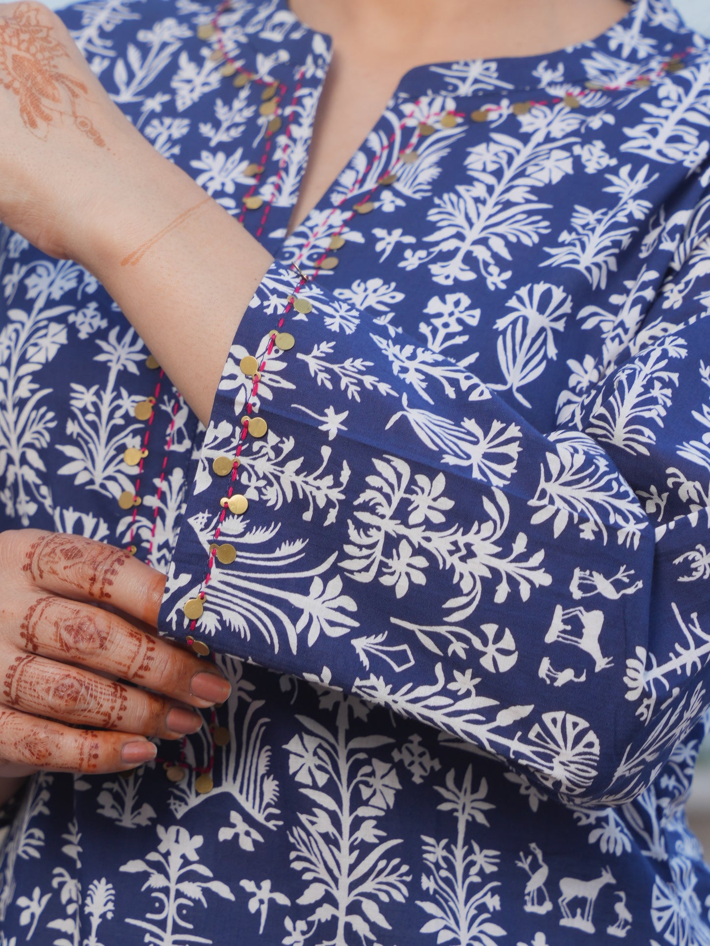 Embroidered Soft Cotton Butta Straight Blue Kurta
