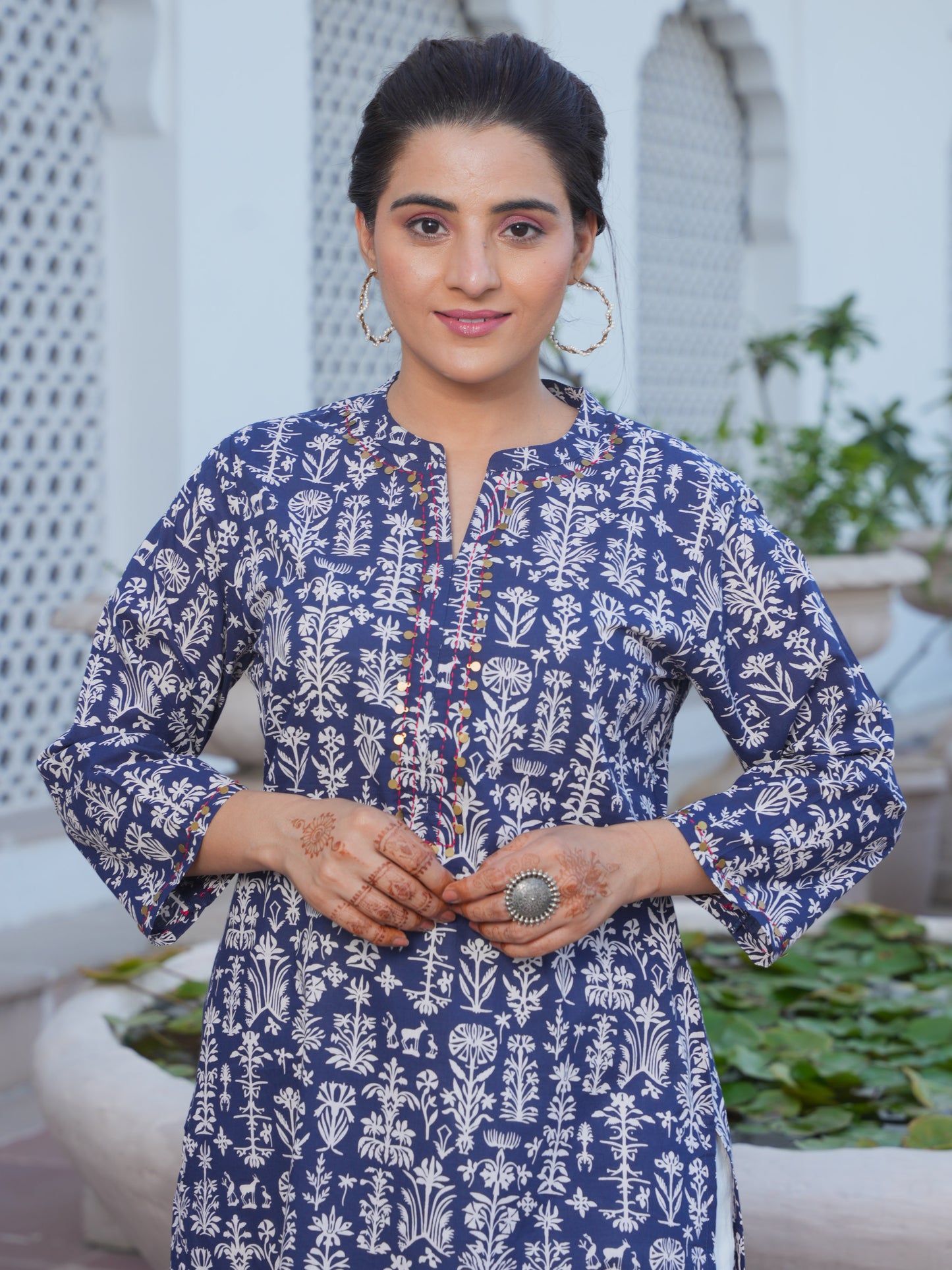 Embroidered Soft Cotton Butta Straight Blue Kurta
