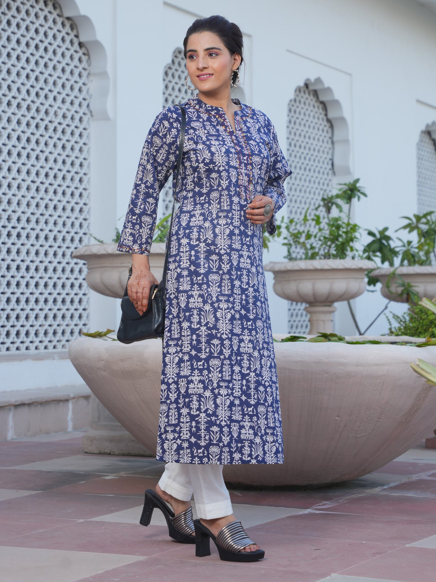 Embroidered Soft Cotton Butta Straight Blue Kurta