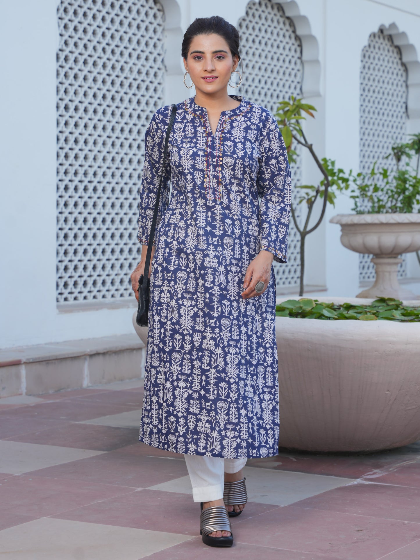 Embroidered Soft Cotton Butta Straight Blue Kurta
