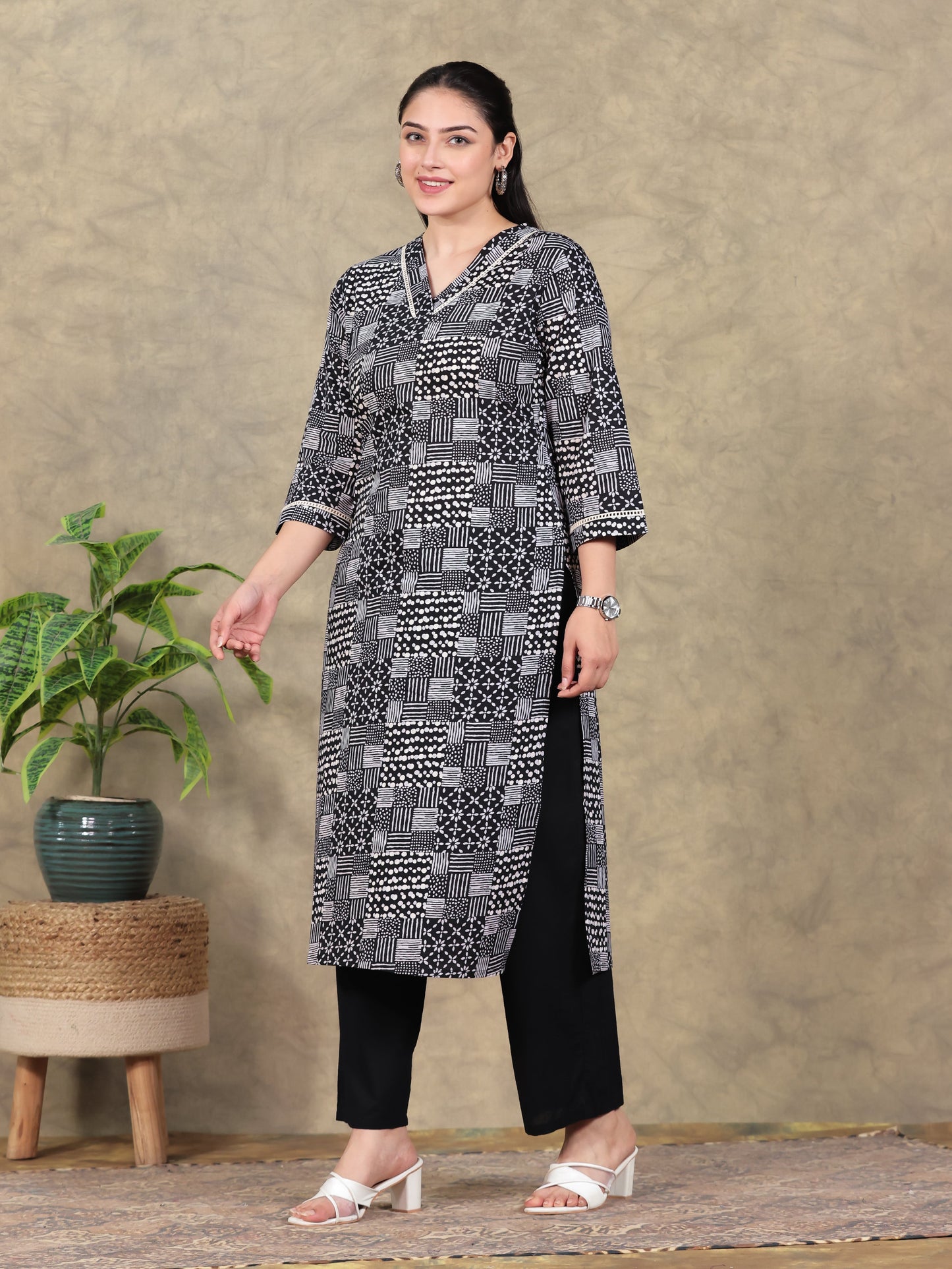 Soft Cotton Patchwork Angrakha Black Kurta