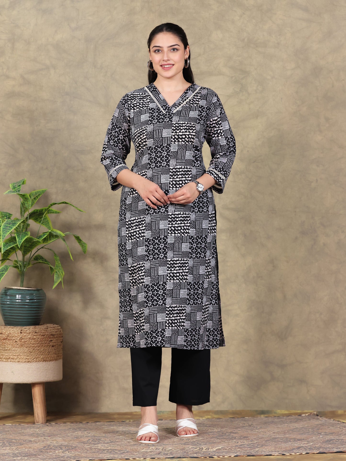 Soft Cotton Patchwork Angrakha Black Kurta