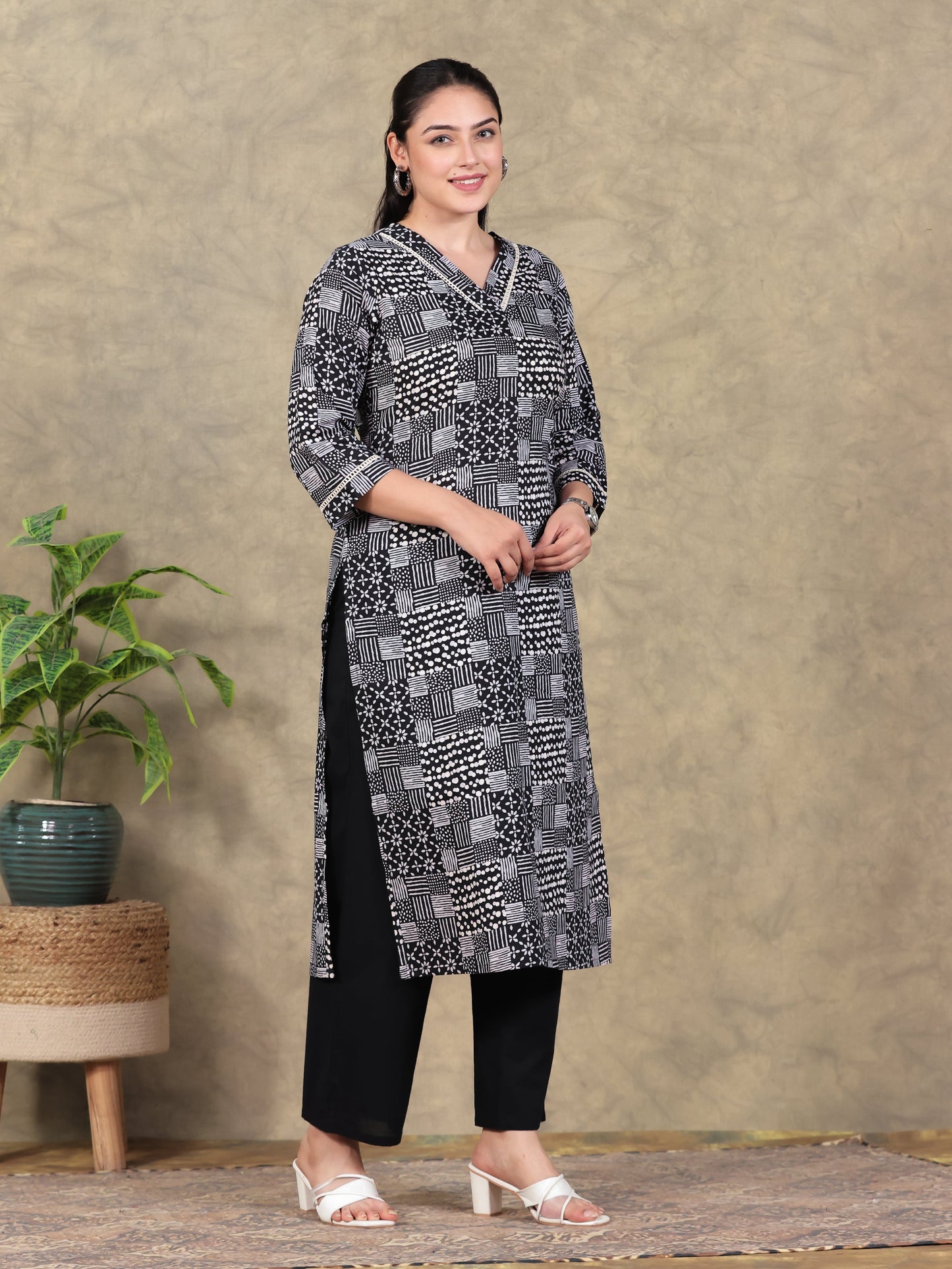 Soft Cotton Patchwork Angrakha Black Kurta