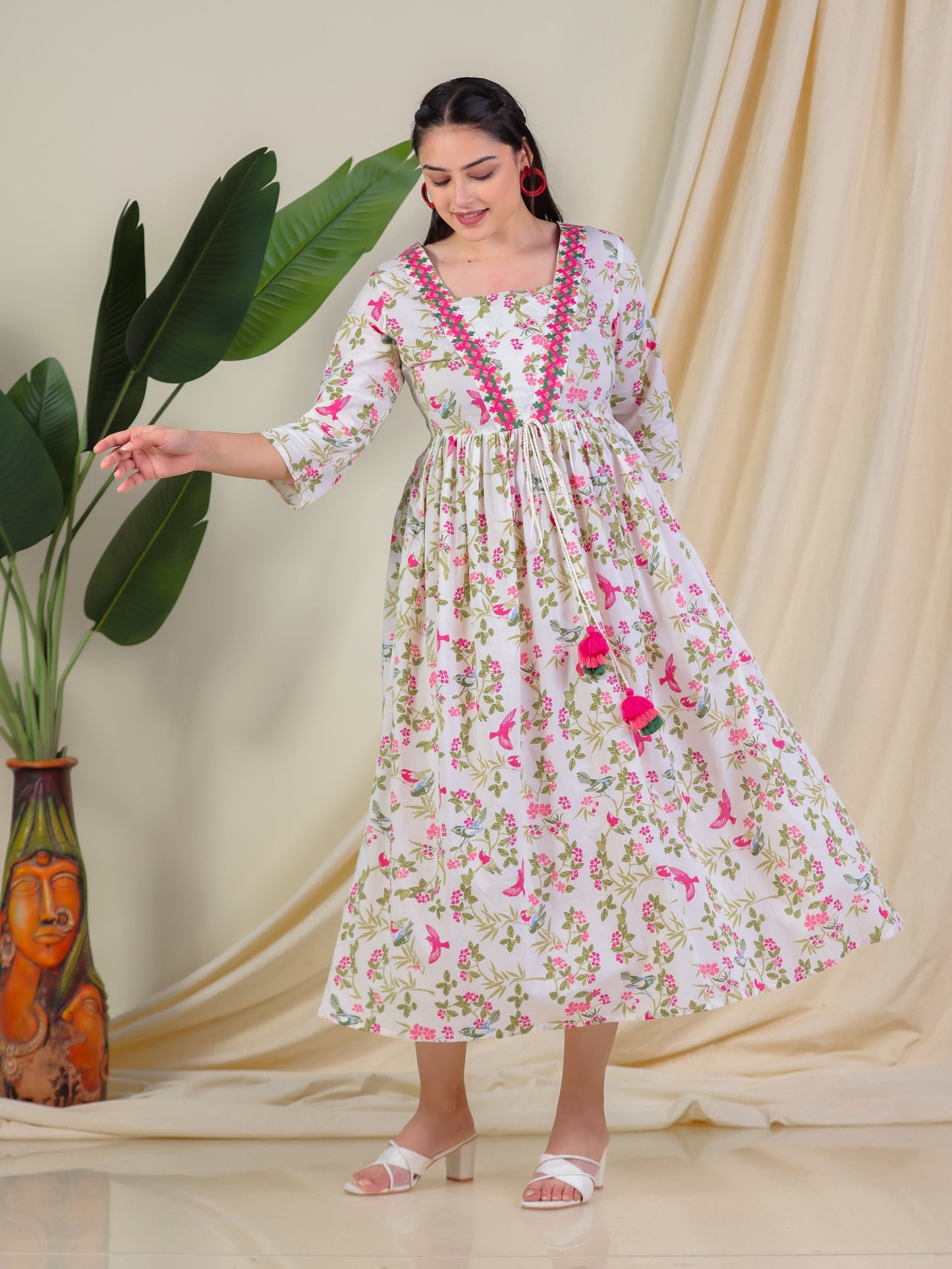 Embroidered Soft Cotton Floral Flared Multicolor Dress