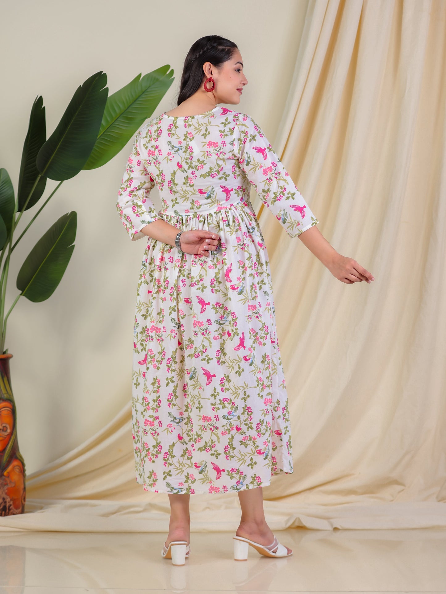 Embroidered Soft Cotton Floral Flared Multicolor Dress