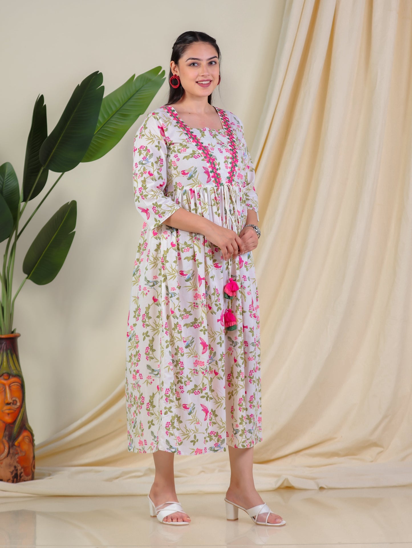 Embroidered Soft Cotton Floral Flared Multicolor Dress