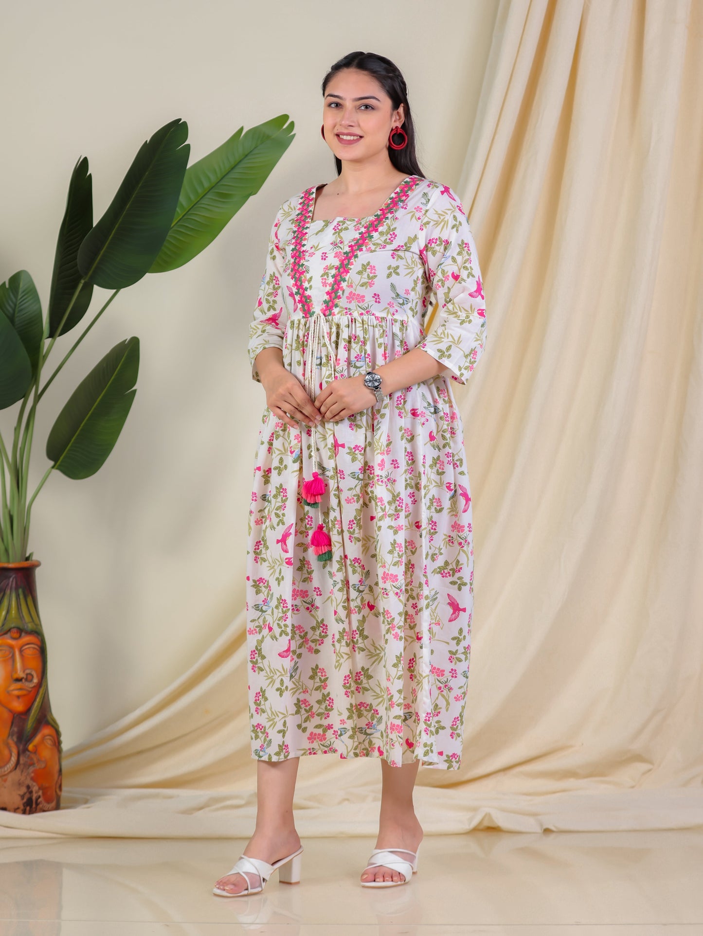 Embroidered Soft Cotton Floral Flared Multicolor Dress