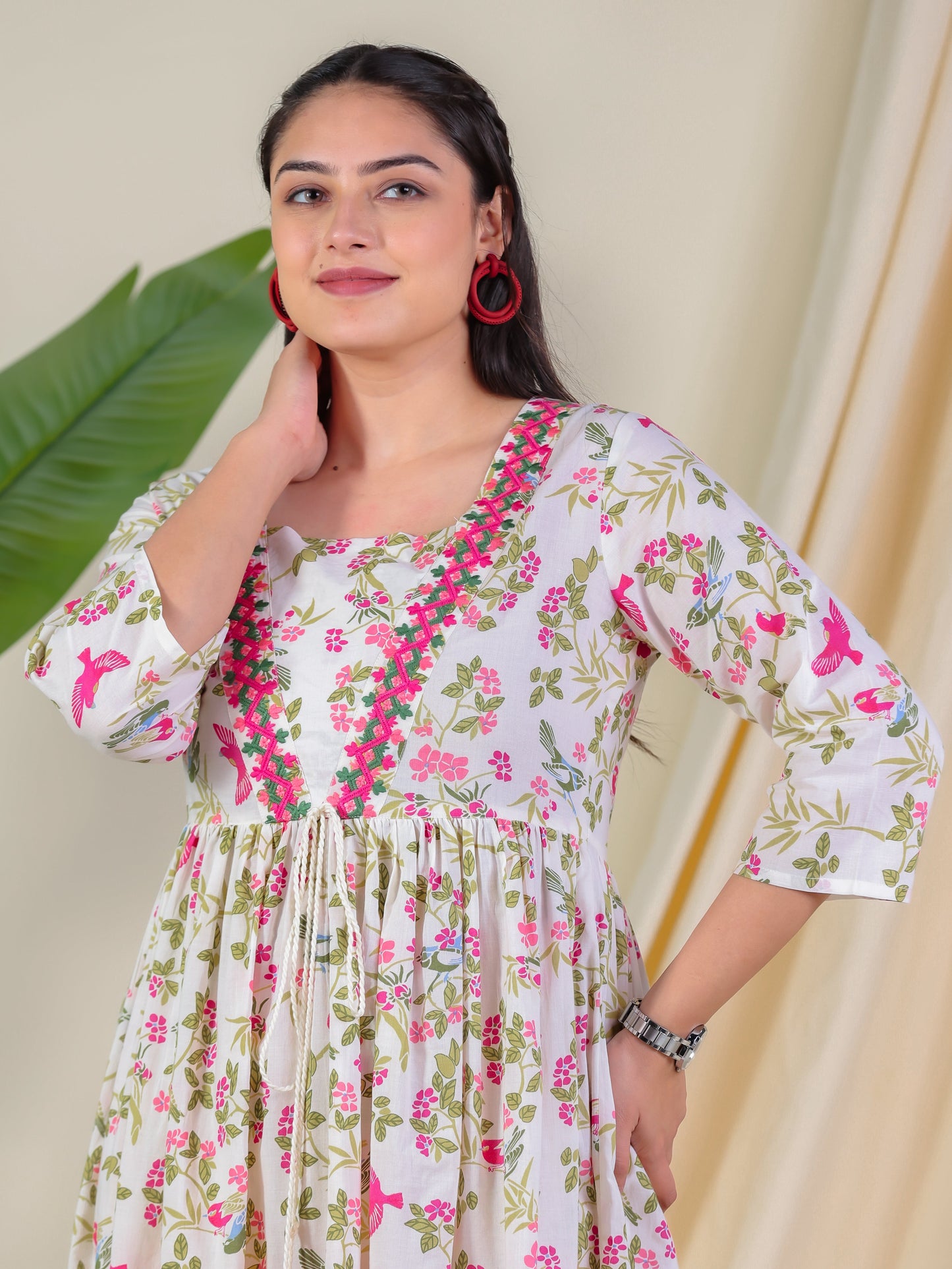 Embroidered Soft Cotton Floral Flared Multicolor Dress