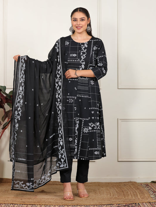 Cotton Voile Geometric Black Dupatta