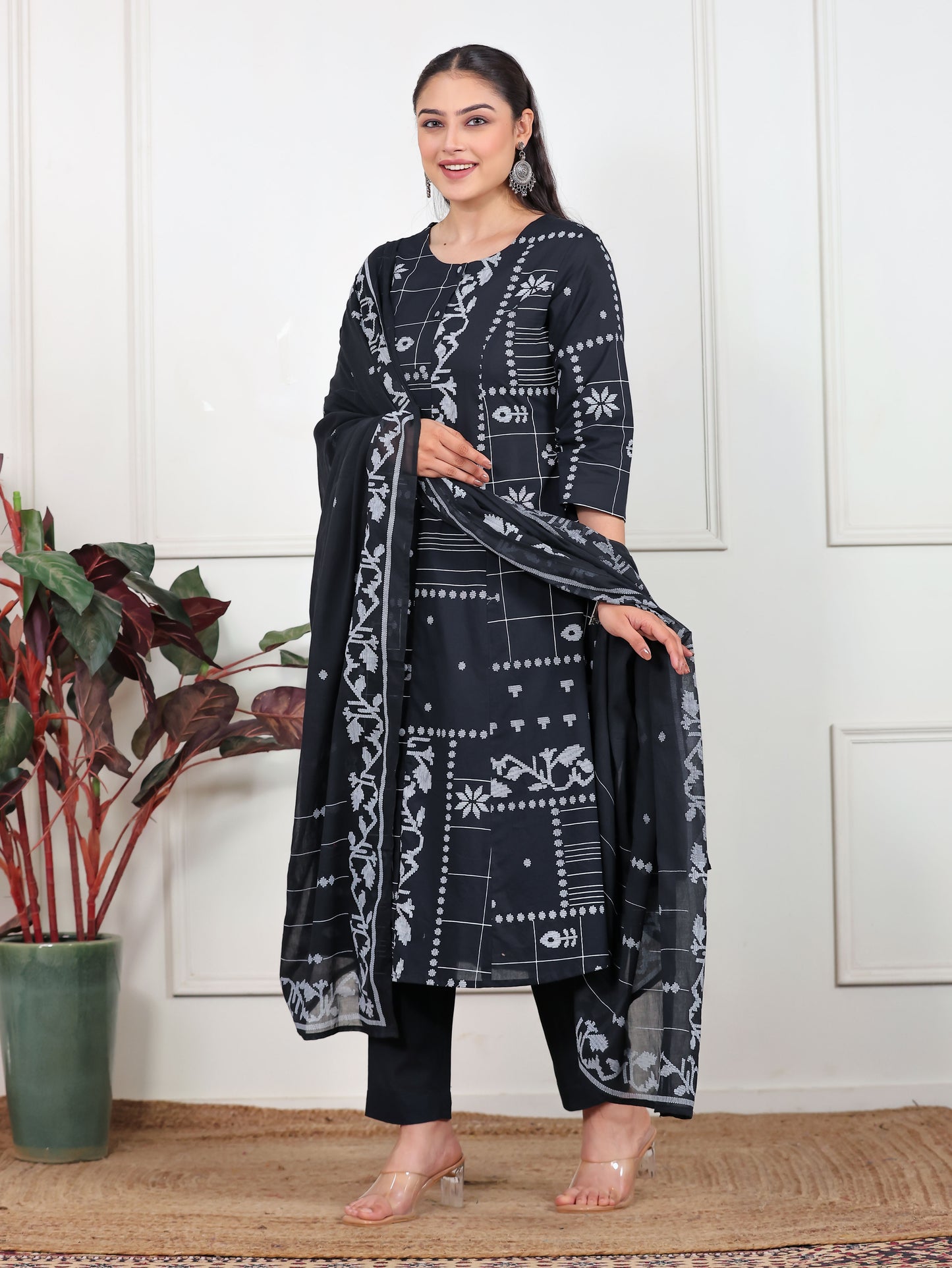 Soft Cotton Geometric Flared Black Kurta