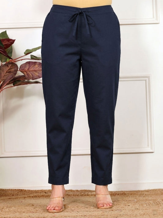 Soft Cotton Solid Black Tapered Trousers