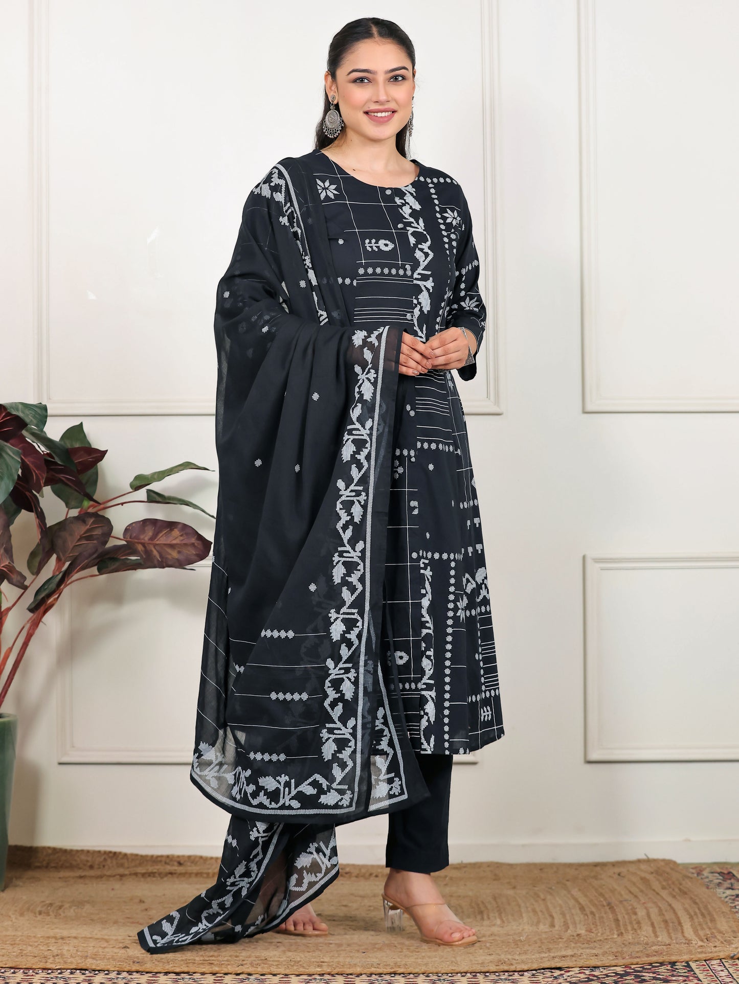 Soft Cotton Geometric Flared Black Kurta