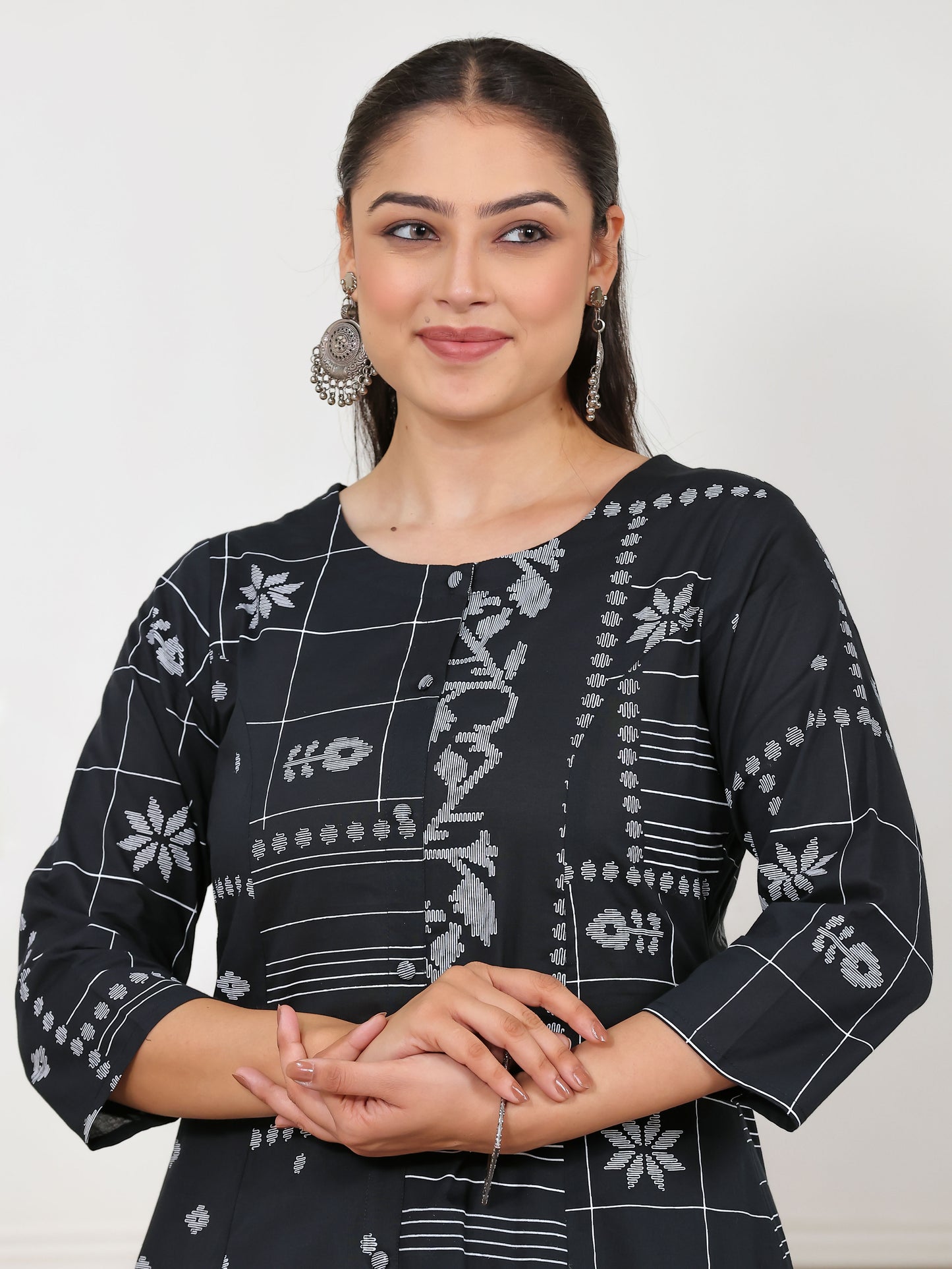 Soft Cotton Geometric Flared Black Kurta