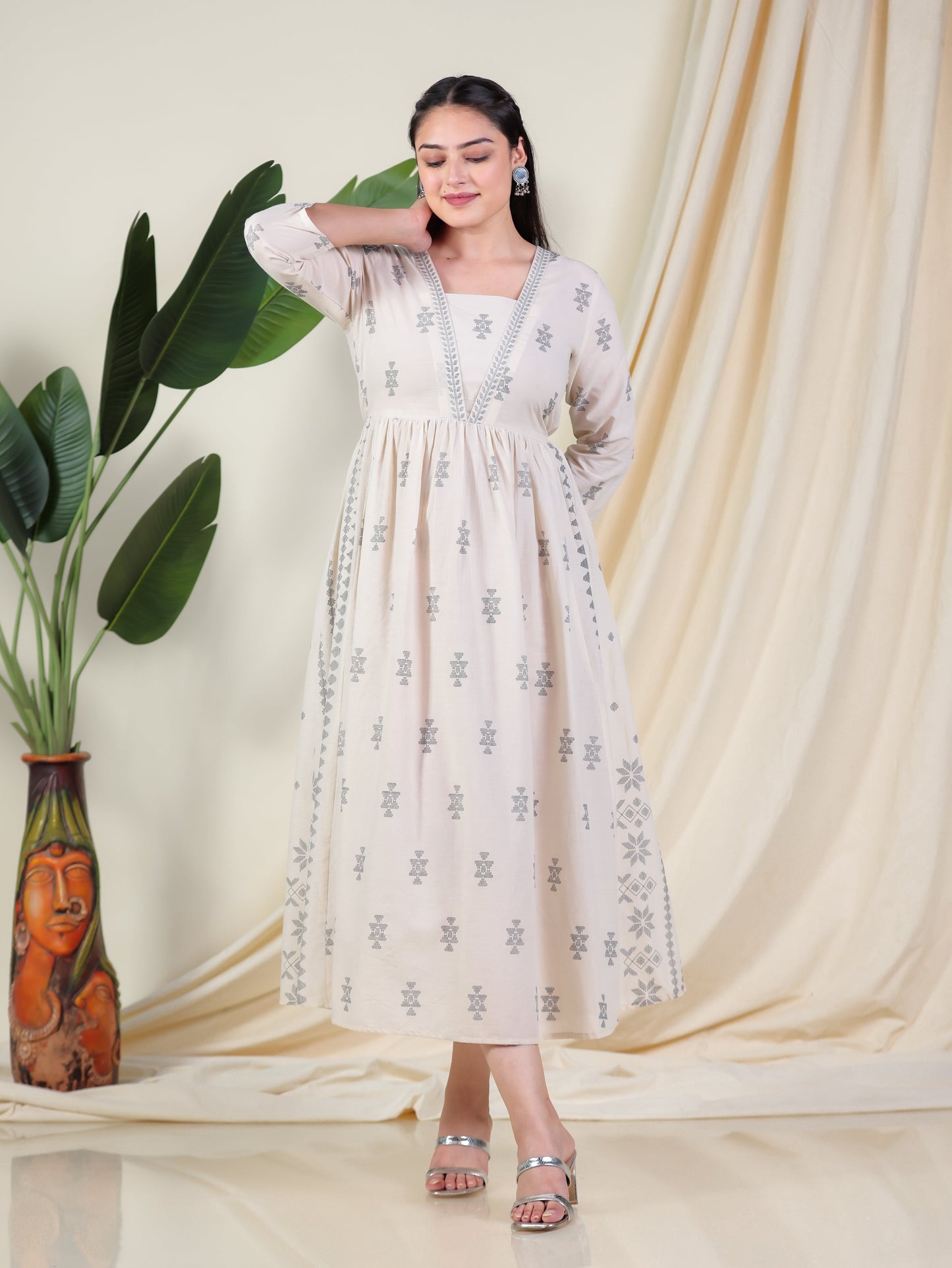 Soft Cotton Geometric Anarkali Cream Dress