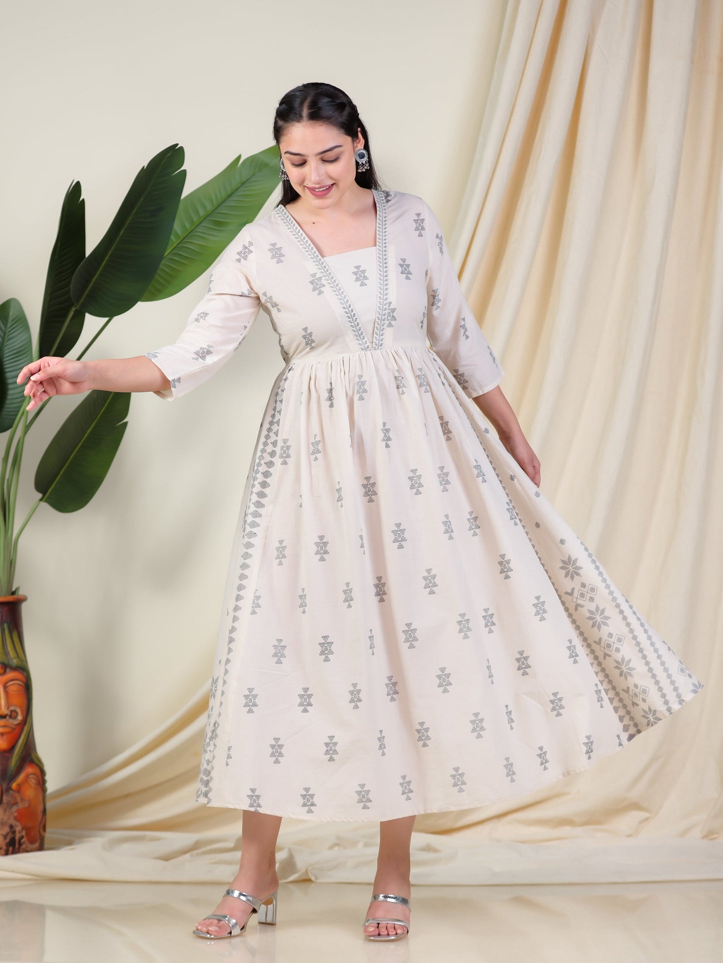 Soft Cotton Geometric Anarkali Cream Dress