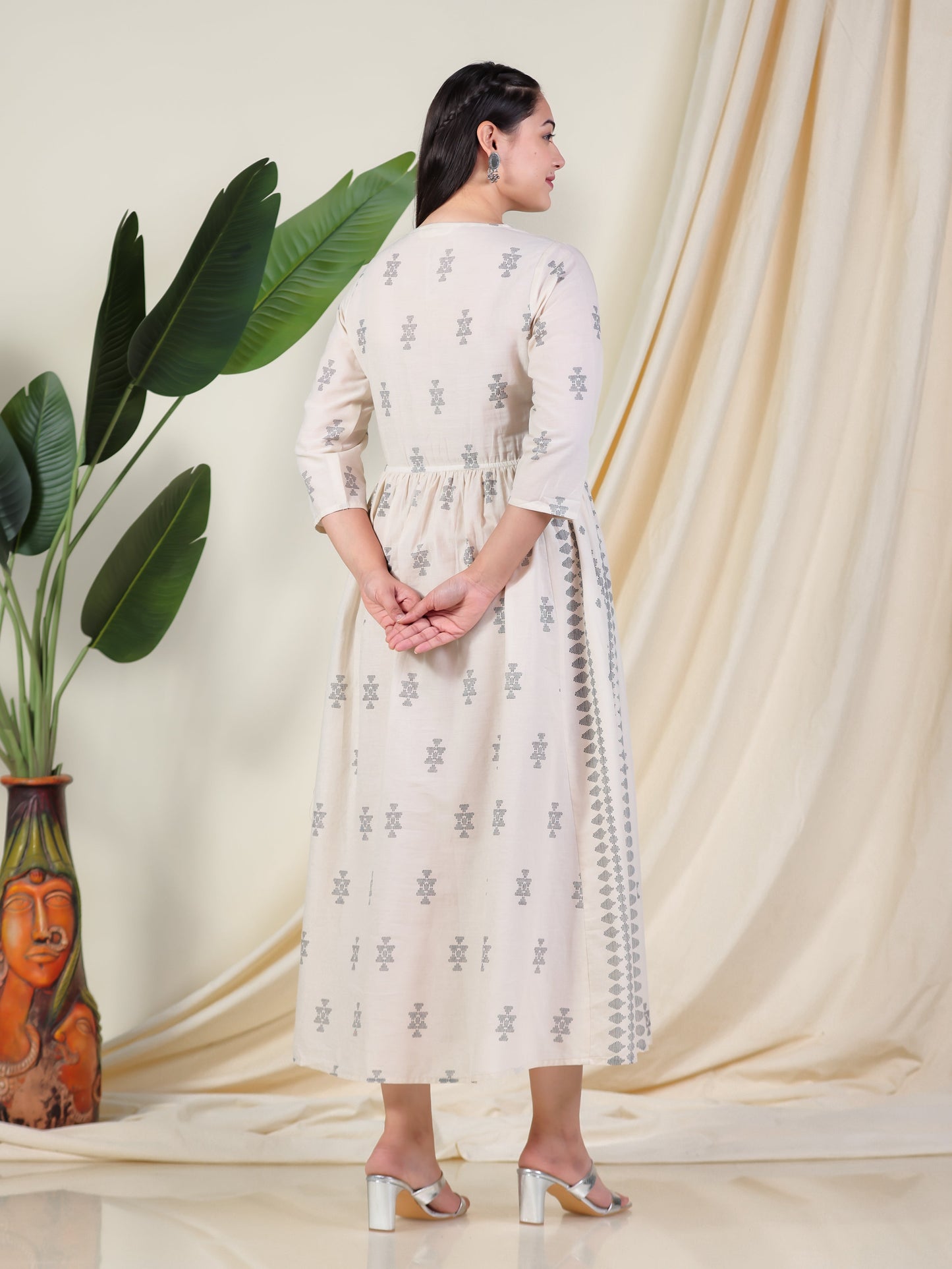 Soft Cotton Geometric Anarkali Cream Dress