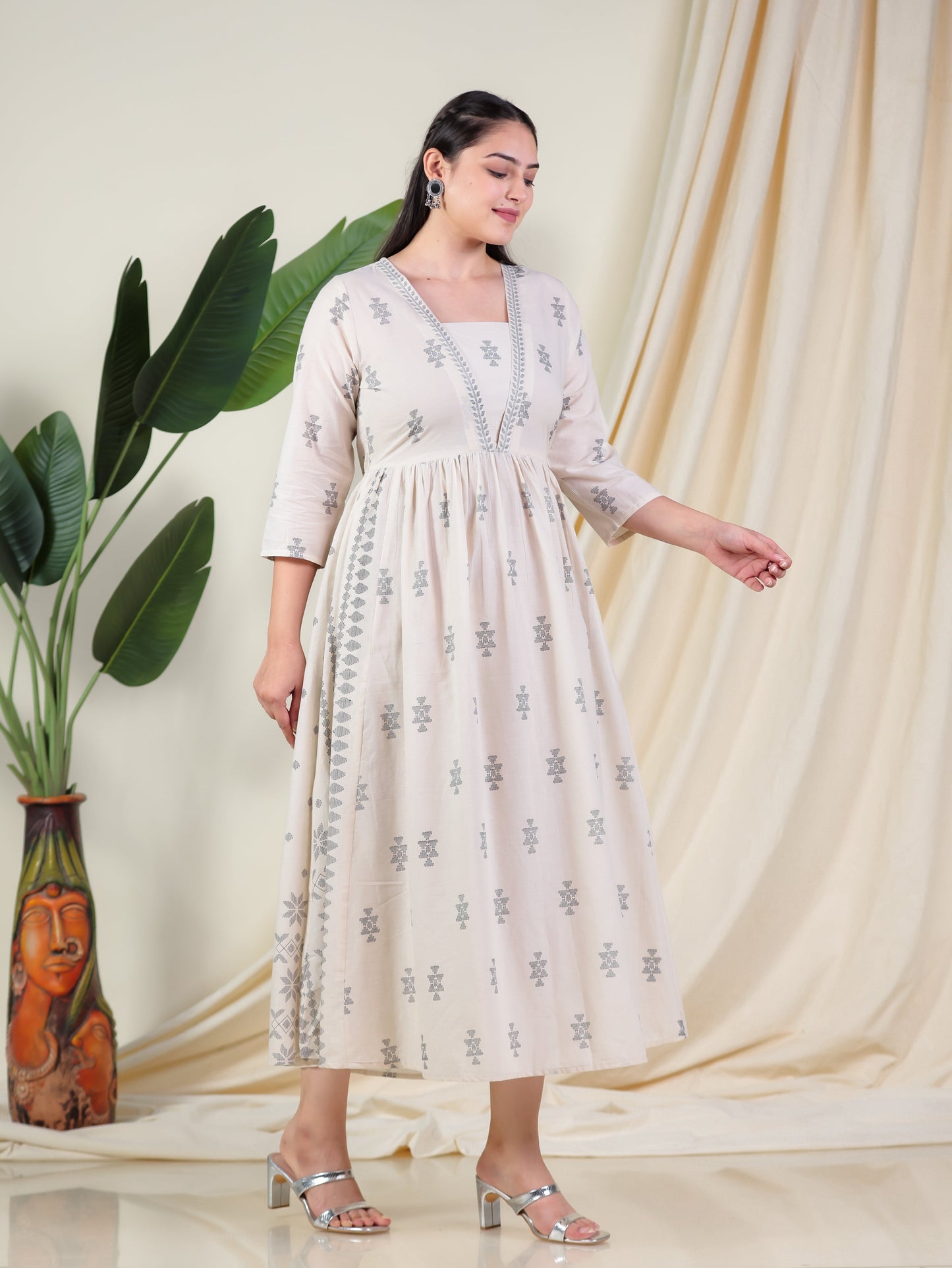 Soft Cotton Geometric Anarkali Cream Dress