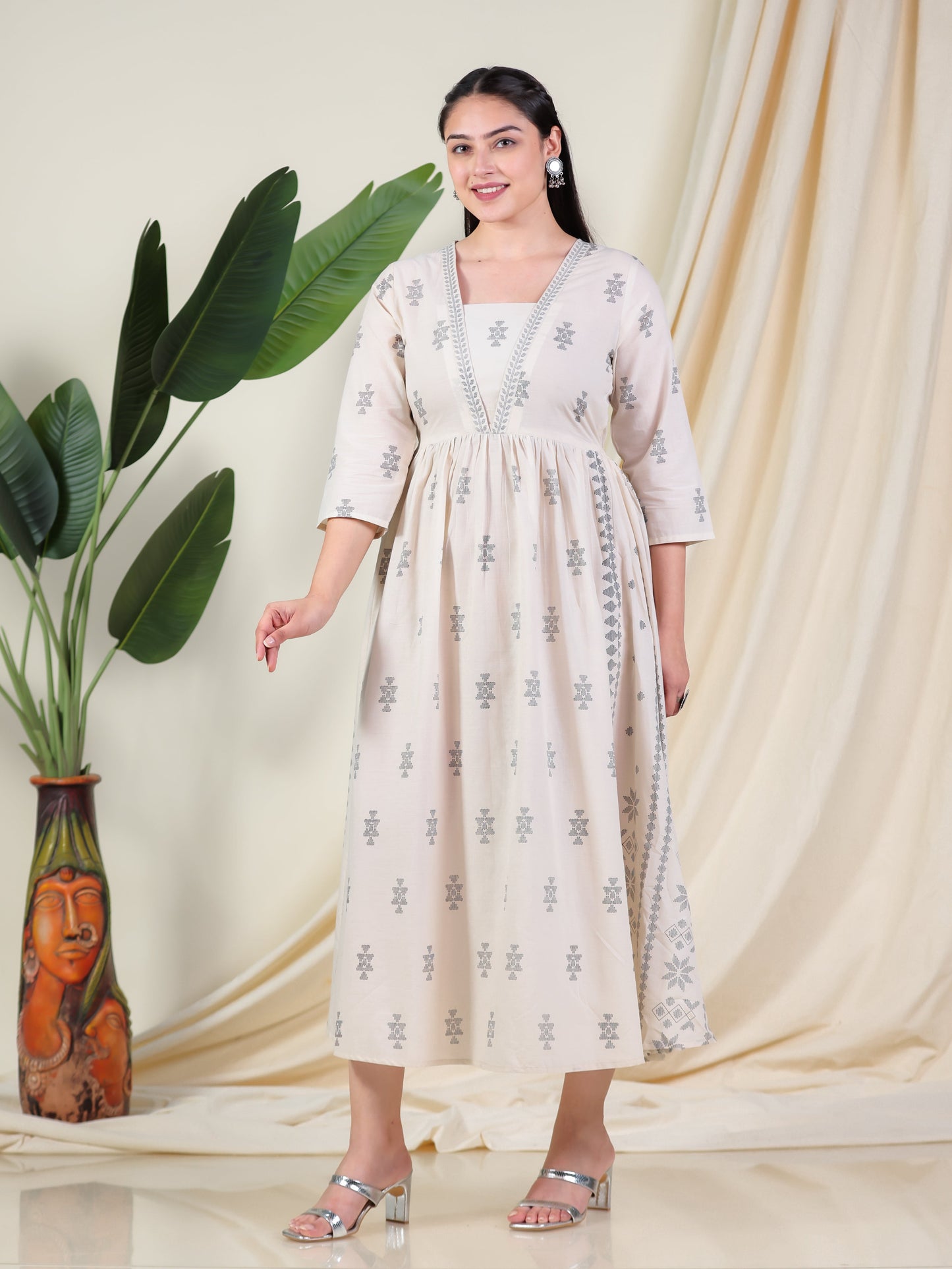 Soft Cotton Geometric Anarkali Cream Dress