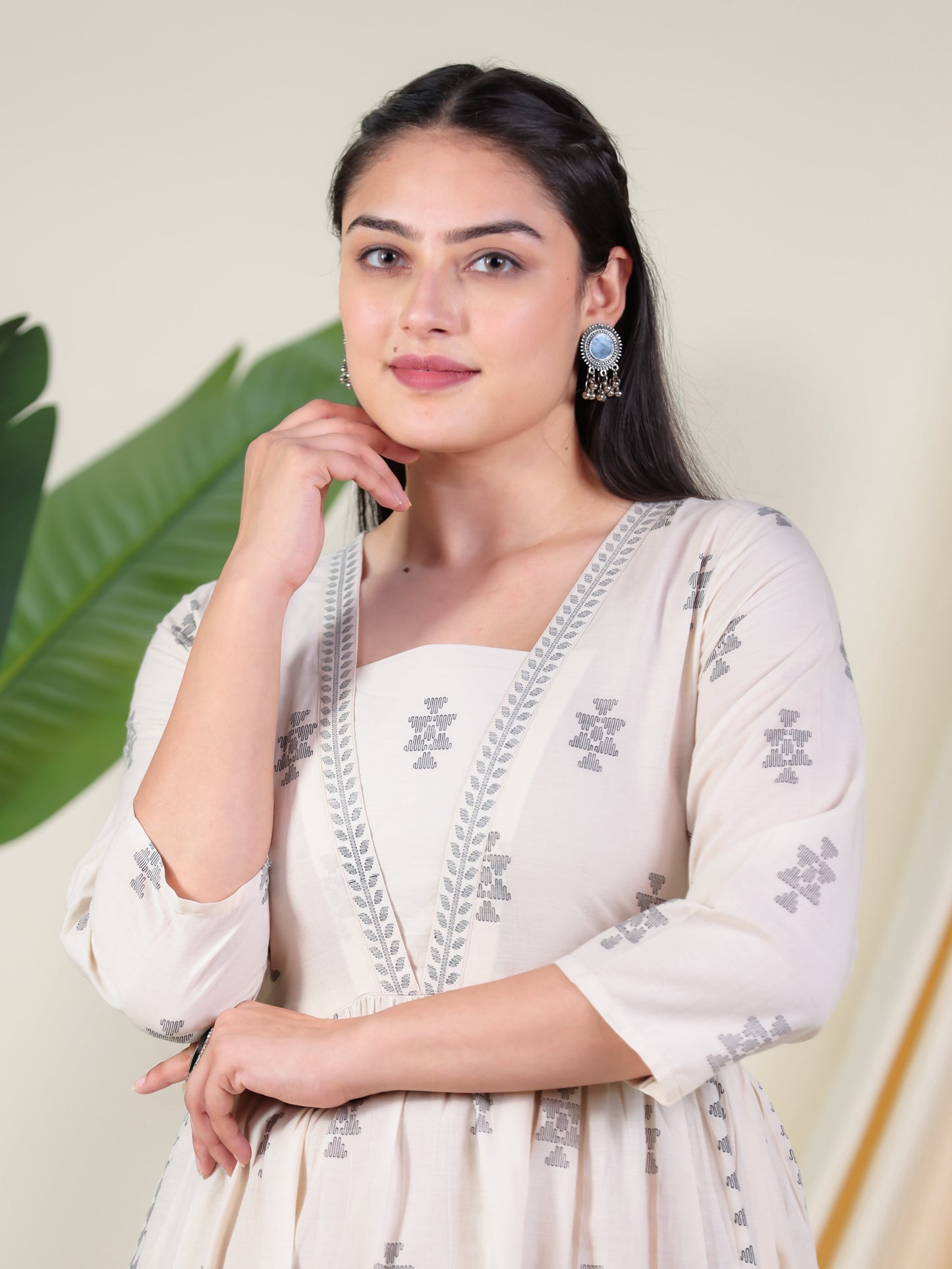 Soft Cotton Geometric Anarkali Cream Dress