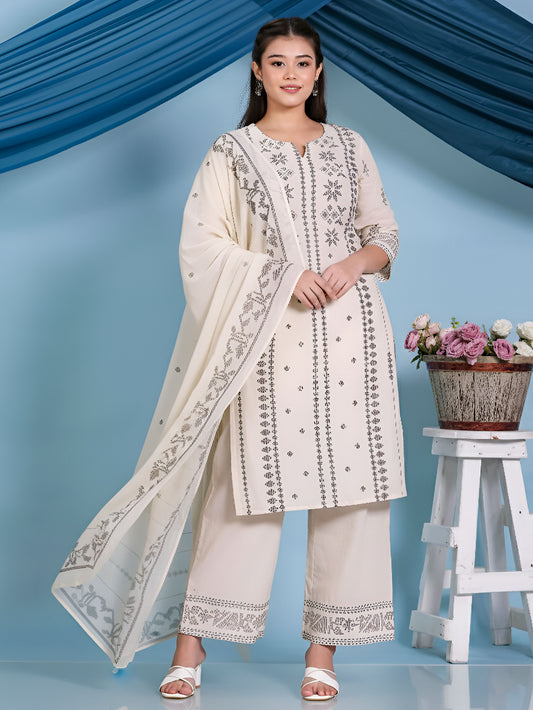 Soft Cotton Geometric Straight Cream Kurta