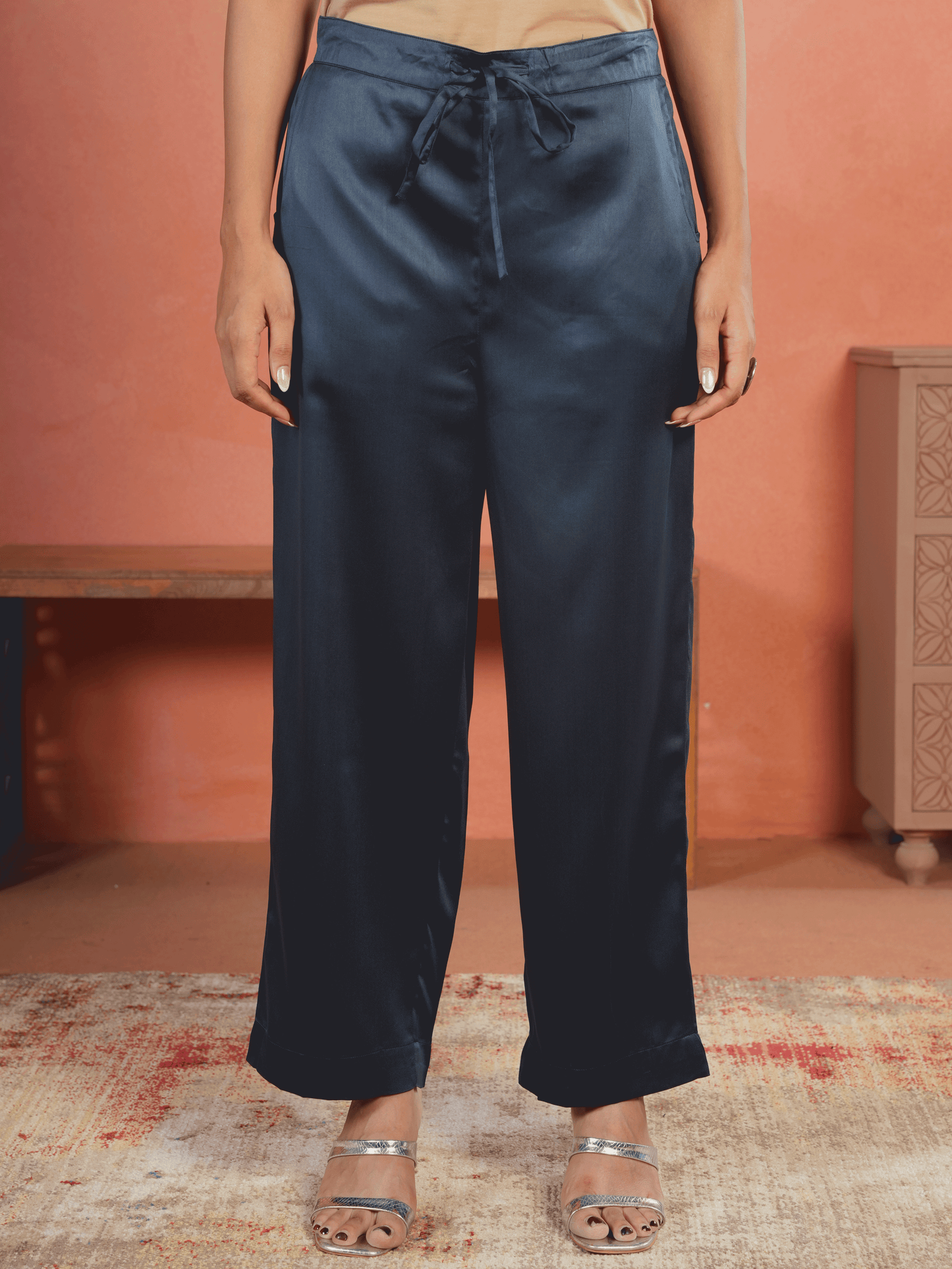 Satin Solid Blue Straight Trousers